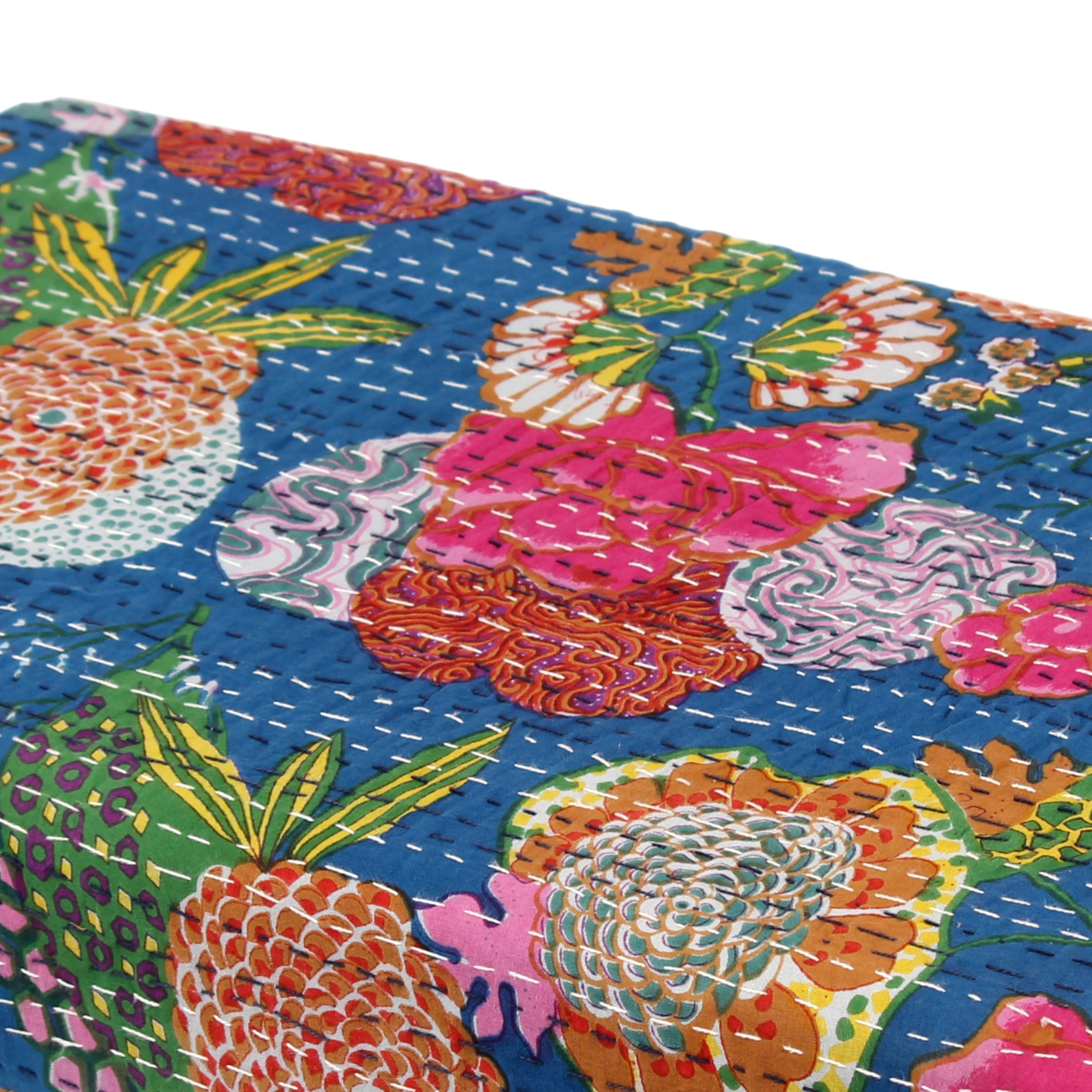 Camilla Solid Wood 2 Seater Bench In Fruit Print Blue Ethnic Kantha Fabric