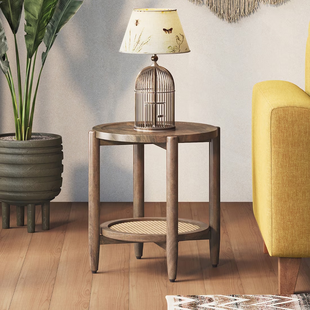 Tora Solid Wood and Cane Side Table in Danish Walnut Finish