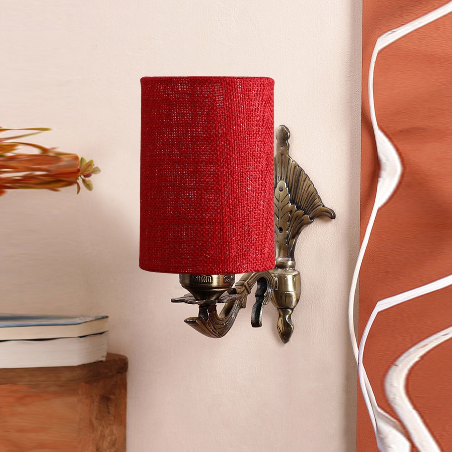 Devansh Metal Electric Wall Light in Antique Gold Colour with Maroon Shade Count of 1 Light - Devansh