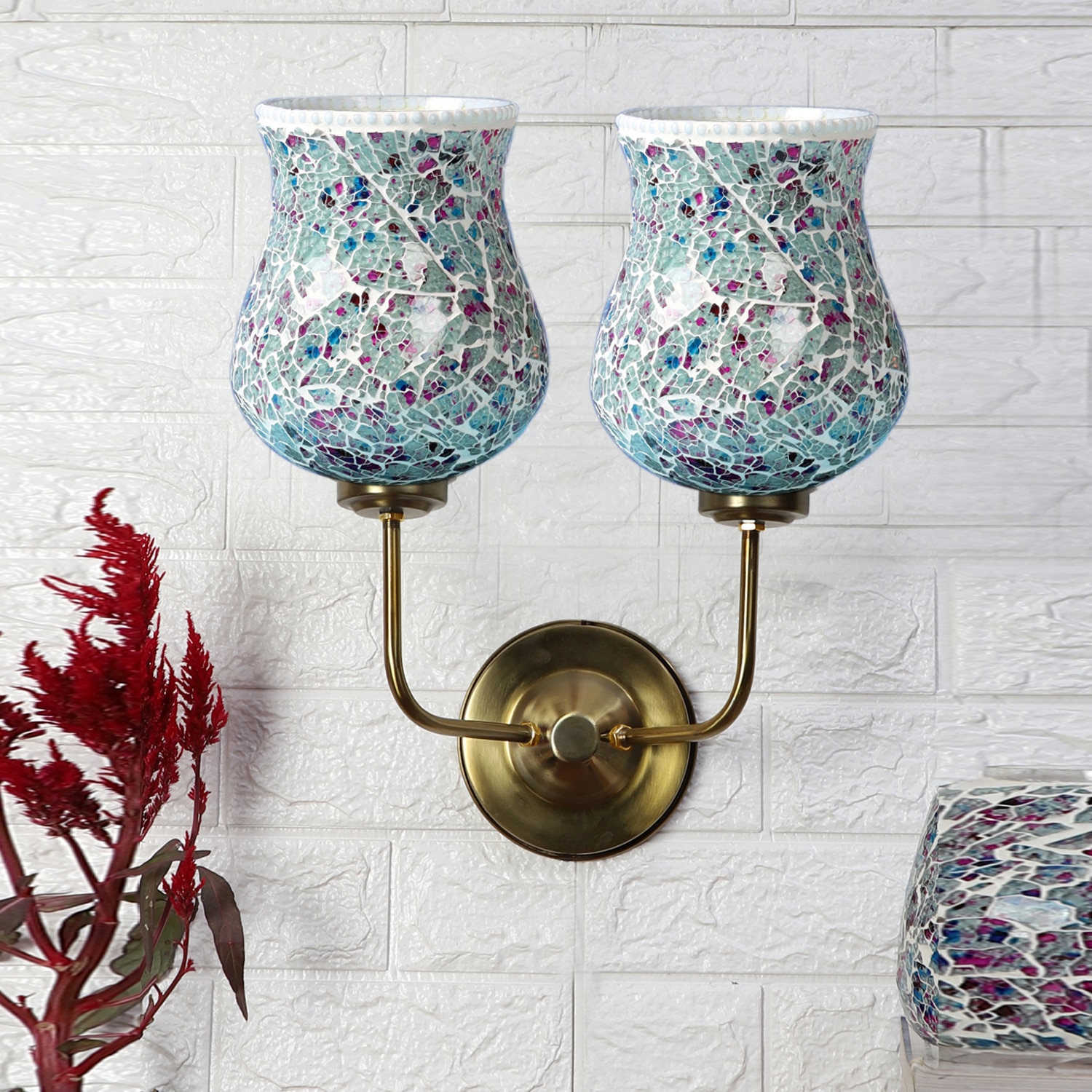 Devansh Metal Electric Wall Light in Gold Colour with Multicolor Shade Count of 2 Lights - Devansh