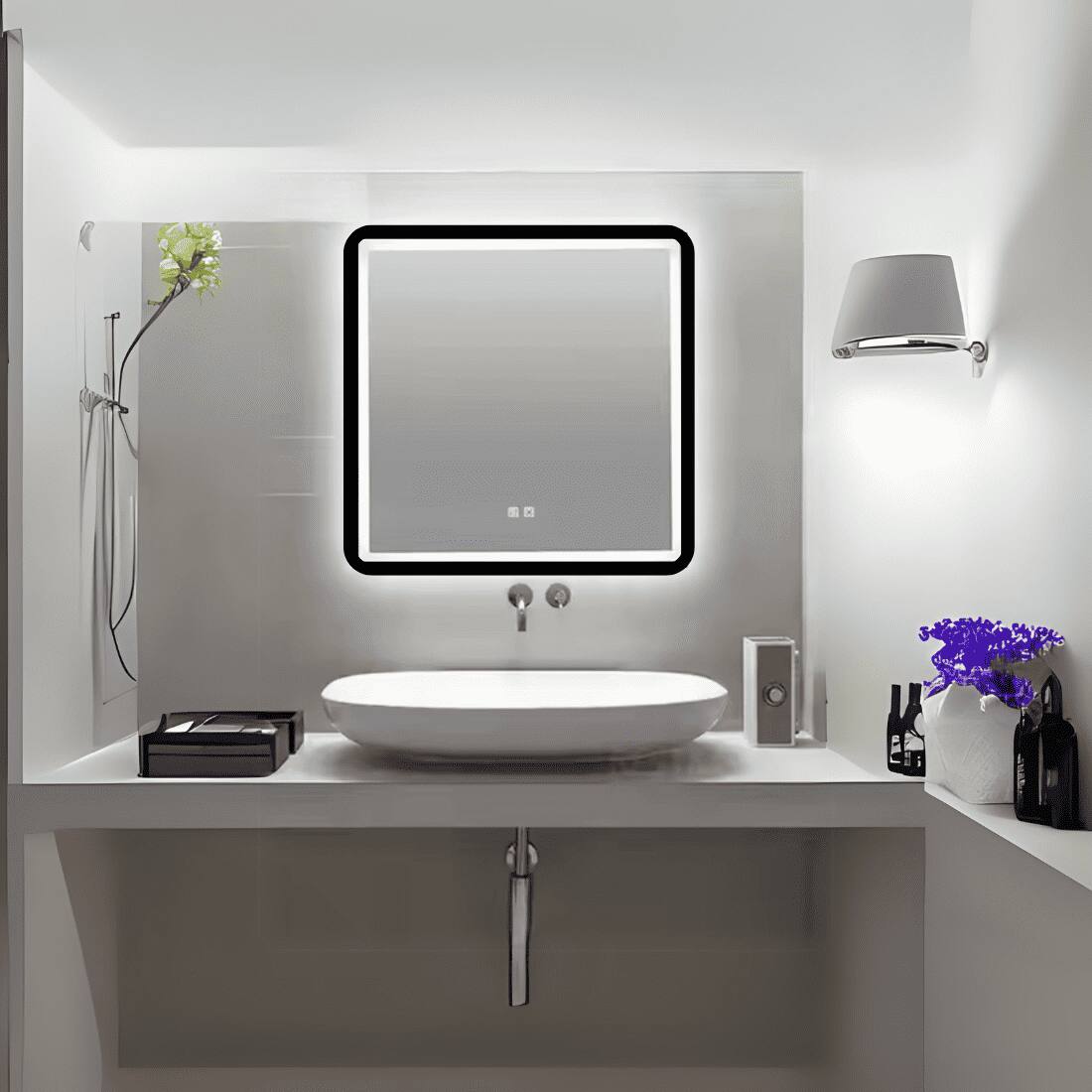 Modern Square Wall LED Mirror with Anodized Aluminum Frame Rose Gold Matte Black Brushed Silver