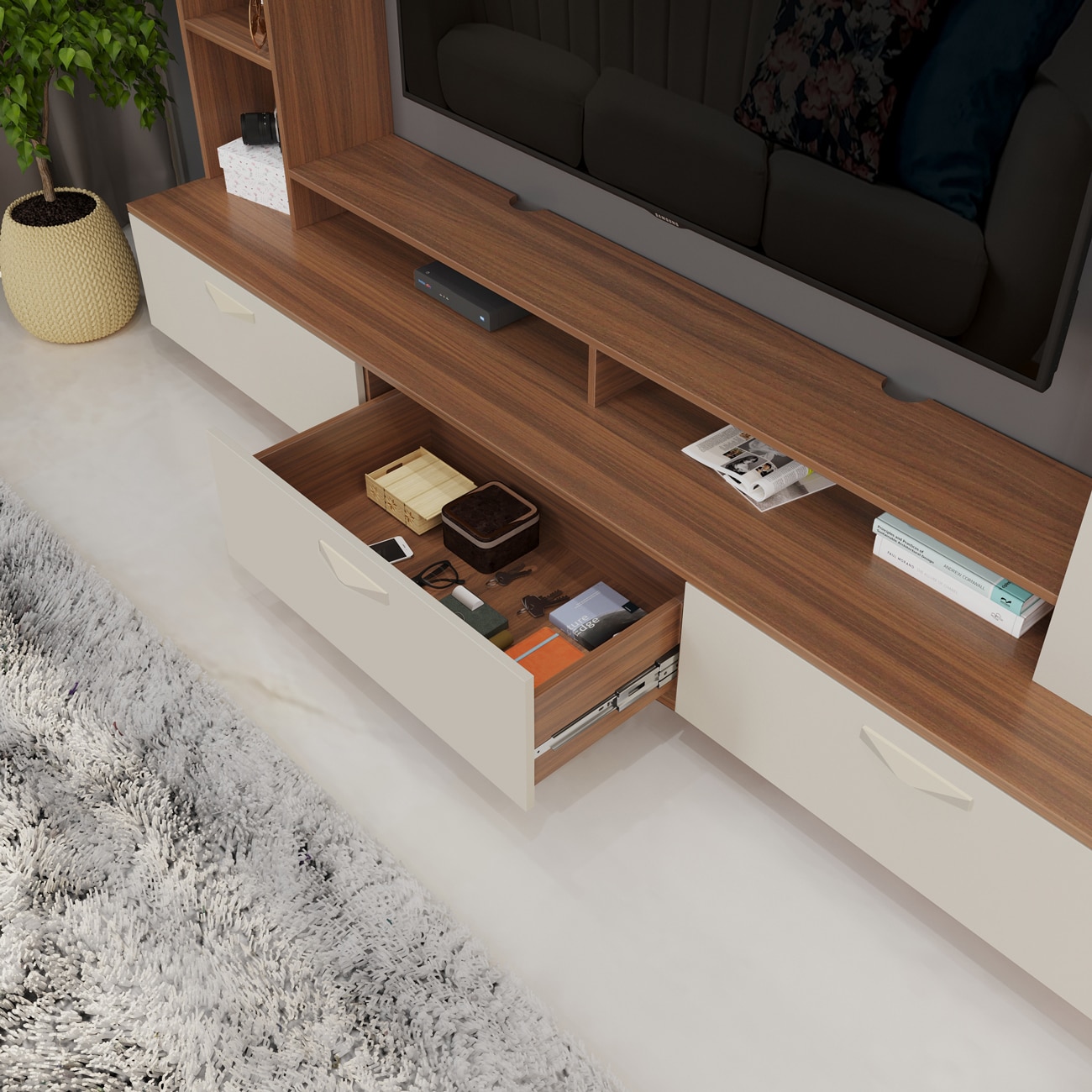 BLUEWUD Fenily Engineering Wood TV Entertainment Unit Set Top Box Stand/TV Cabinet Panel with Shelves for Books & D�cor Display Unit Bed Living Room 60 Inches (Walnut & White)