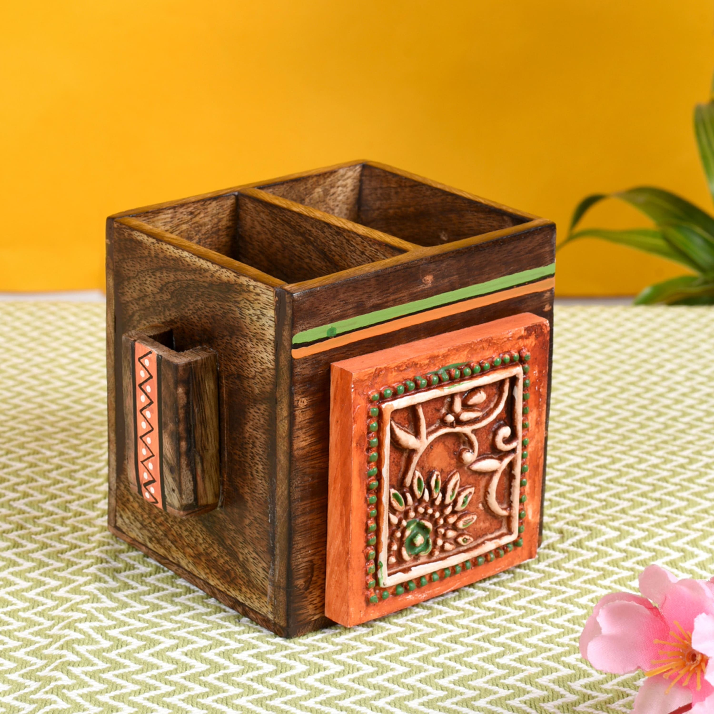 Cutlery Holder Handcrafted in Wood with Tribal Art (4.5x4x4")