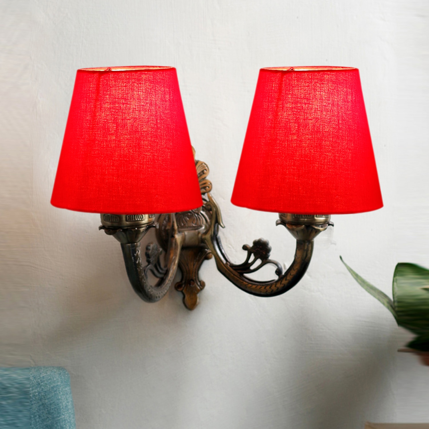 Devansh Metal Electric Wall Light in Antique Gold Colour with Red Shade Count of 2 Lights - Devansh