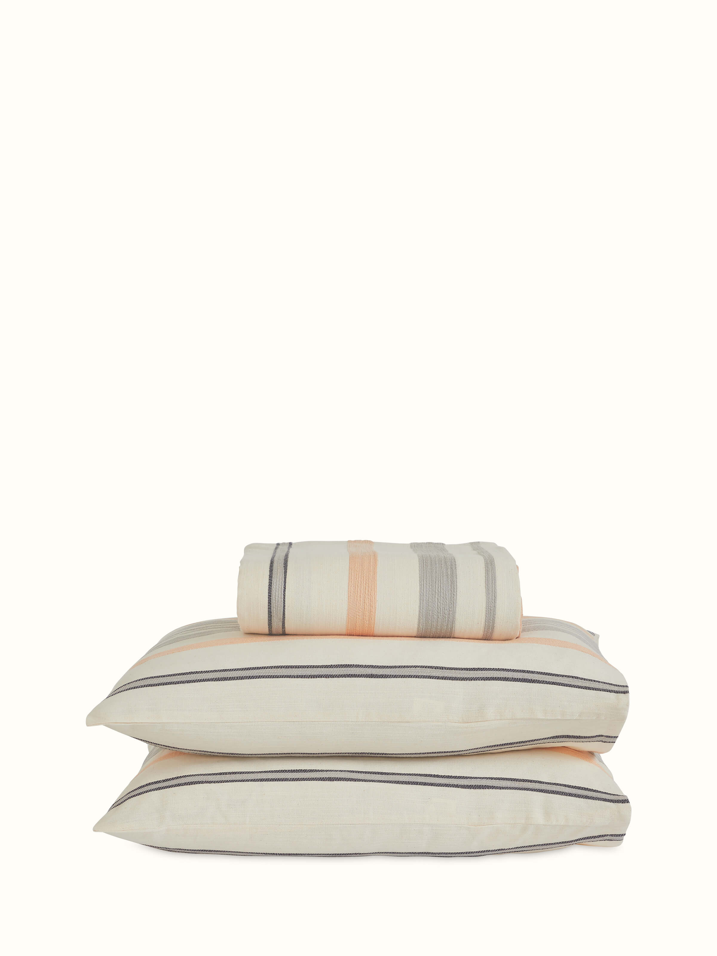 Back view showing fabric fall and handloom texture of Neerja grey stripe queen bedspread