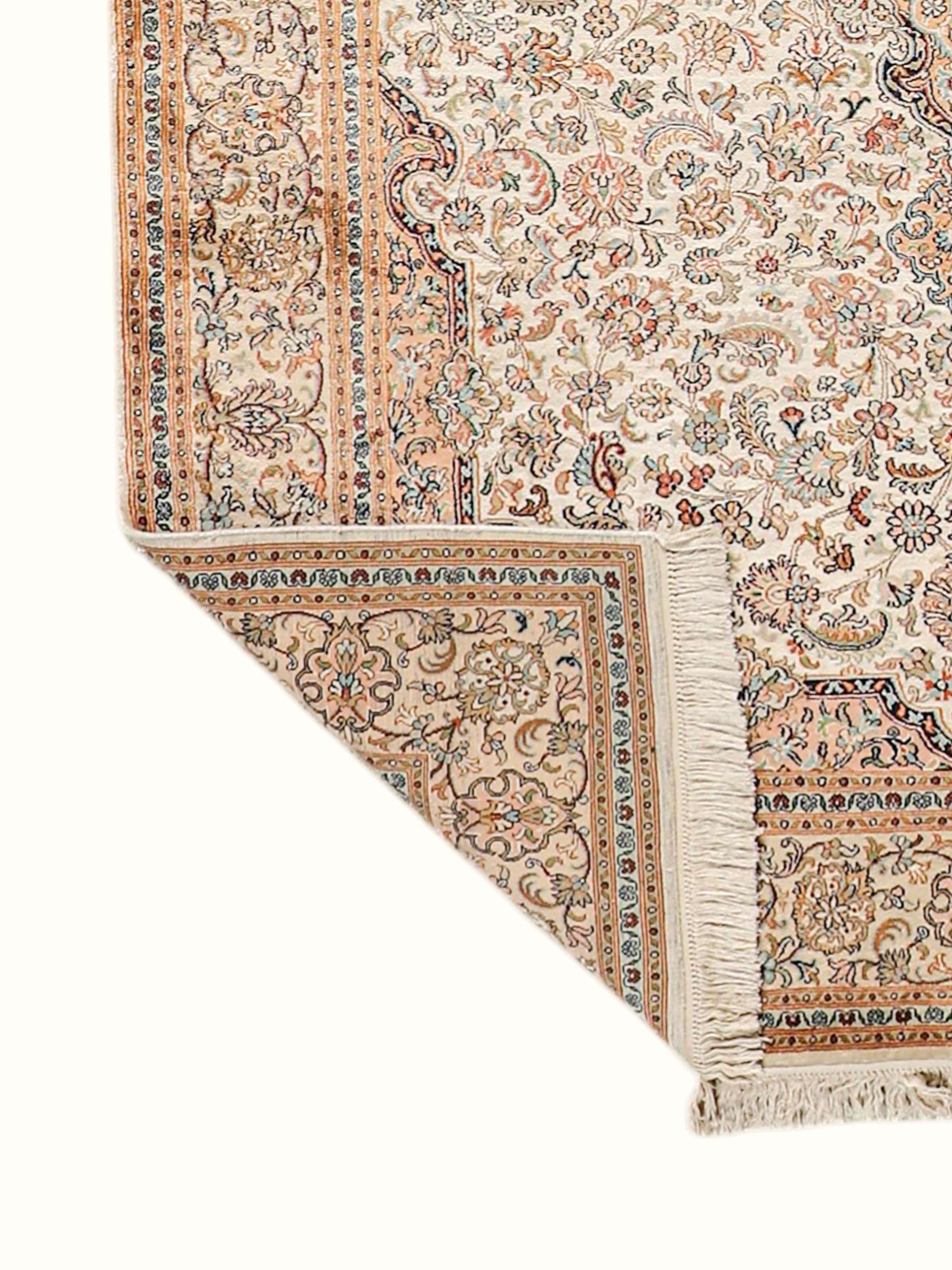 Traditional Persian Ivory Rust Kashan Kashmir Silk Hand-Knotted Carpet