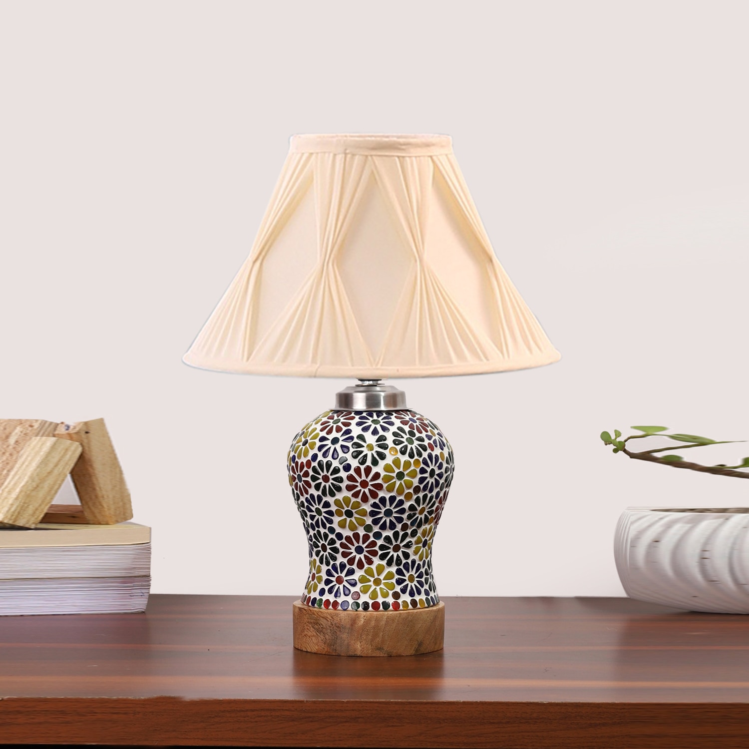 Devansh Off-White Cotton Shade Curtain  Lamp With Wood & Mosaic Glass Base For Decoration/Office/Home/Gifting/Study For Decoration/Office/Home/Gifting/Study - Devansh