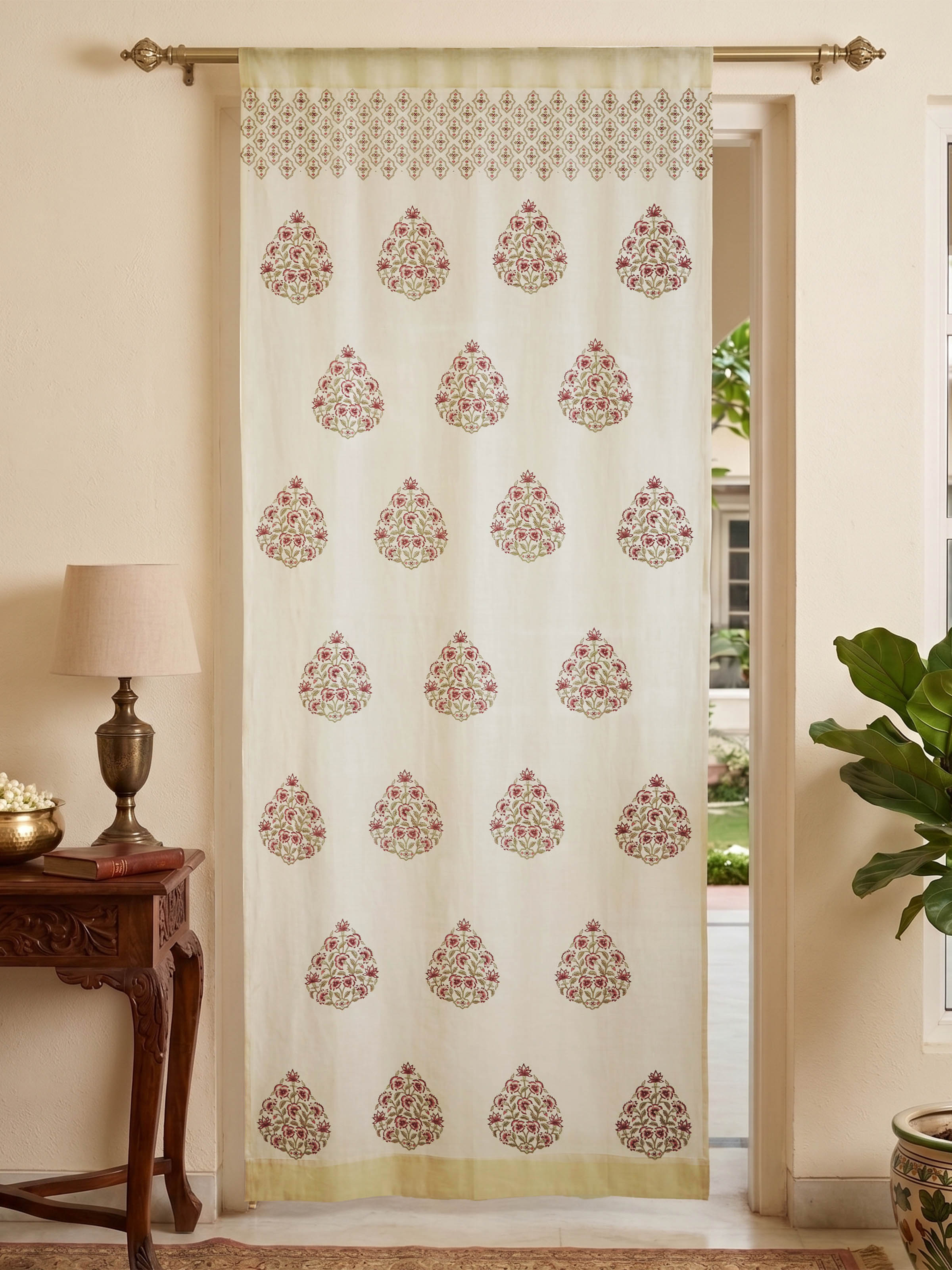 Front view of the Swadesh Aarunya Red Buta Cotton Silk Sanganeri Hand Block Printed Sheer Curtain (7 Ft)
