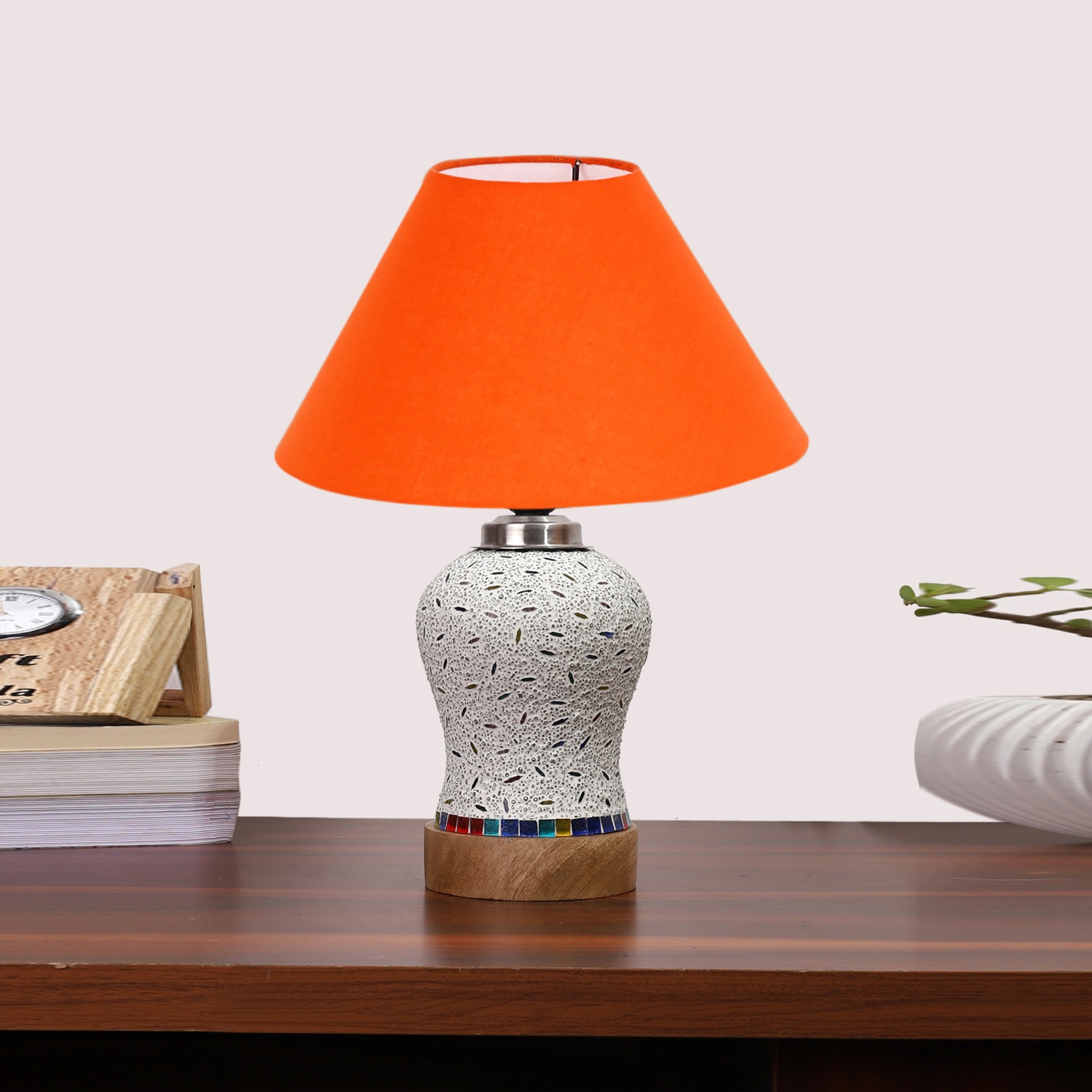 Devansh Conical Orange Cotton Shade Lamp With Wood & Mosaic Glass Base For Decoration/Office/Home/Gifting/Study For Decoration/Office/Home/Gifting/Study -(10X10X14.5) Inches -A - Devansh
