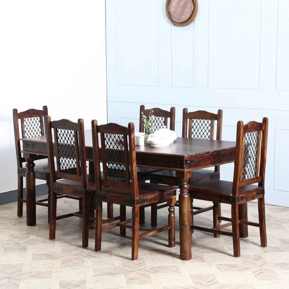 Iron jali Sheesham Wood 6 Seater Dining Set In Provincial Teak Finish