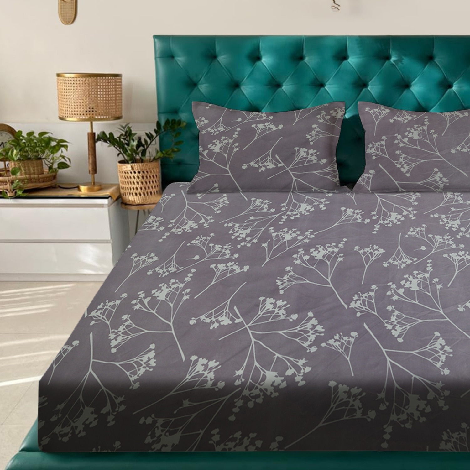 Purple Floral 180 TC Fitted 1 King  Bedsheet with 2 Pillow Covers