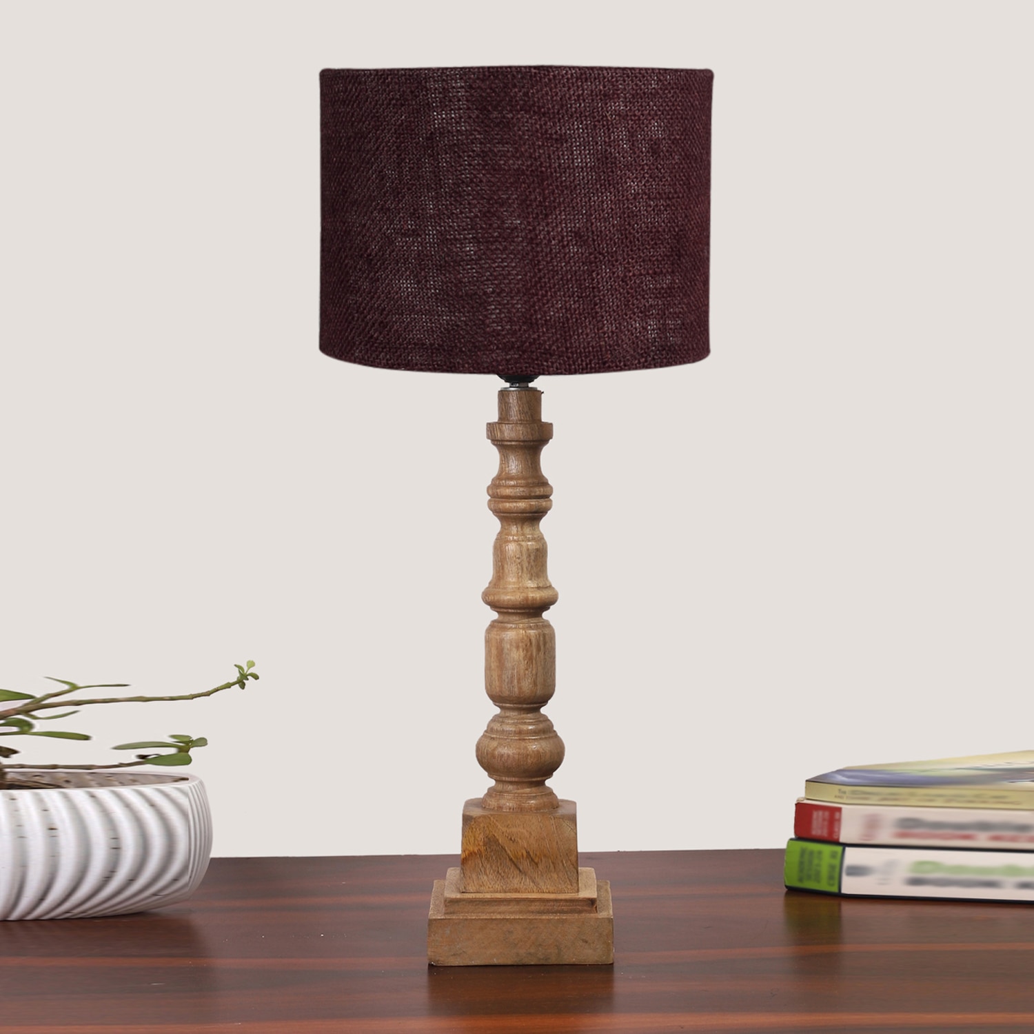 Devansh Brown Jute   Table Lamp With  Wood Natural Base (7X7X21.25 Inches)-17