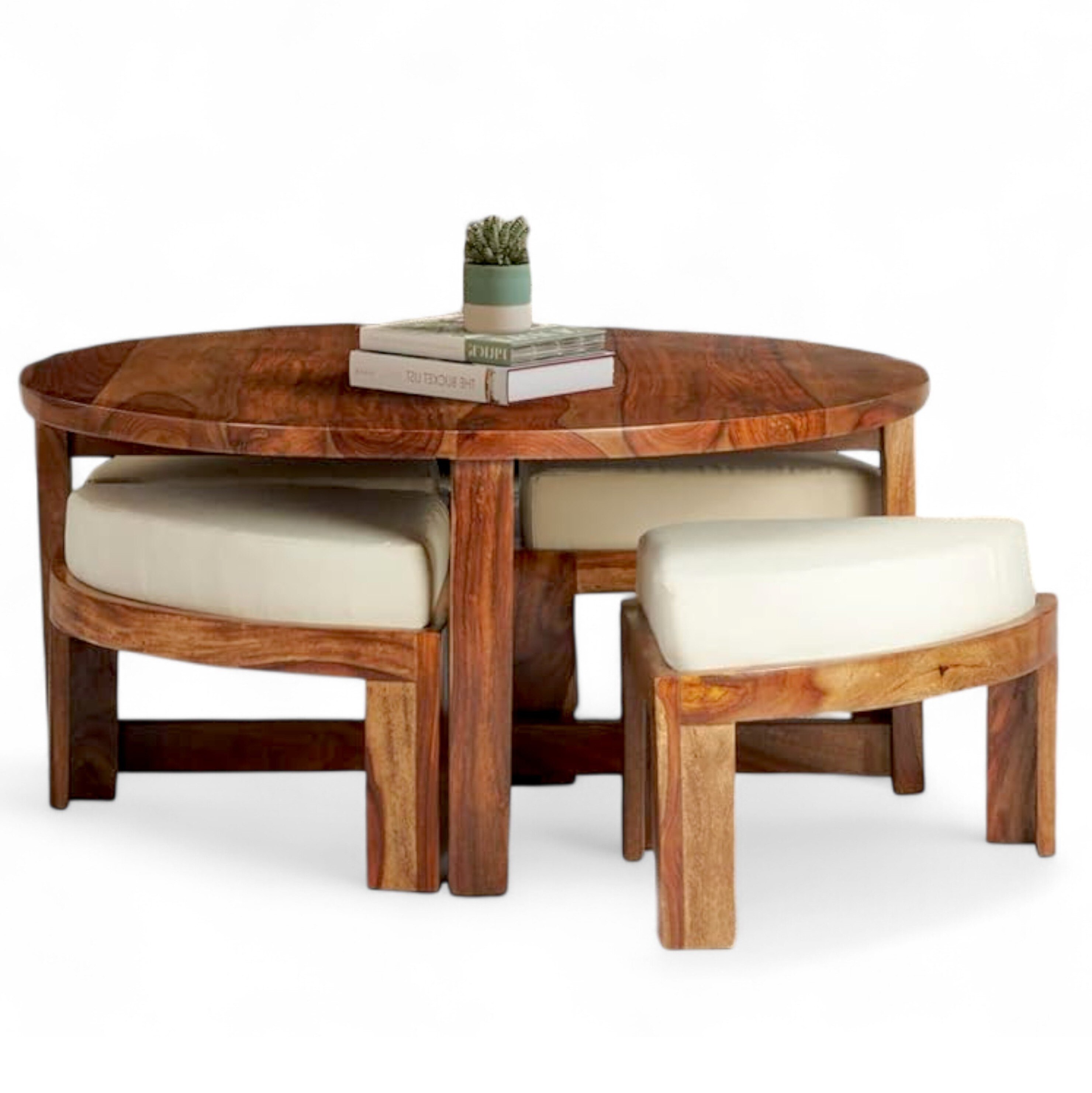 Nashville Sheesham Wood Accent Coffee Table Set With 4 Stools In Natural Teak Finish