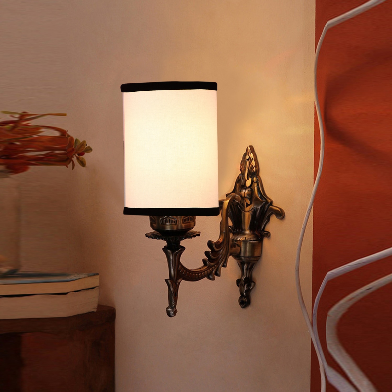 Devansh Metal Electric Wall Light in Antique Gold Colour with White & Black Shade Count of 1 Light - Devansh