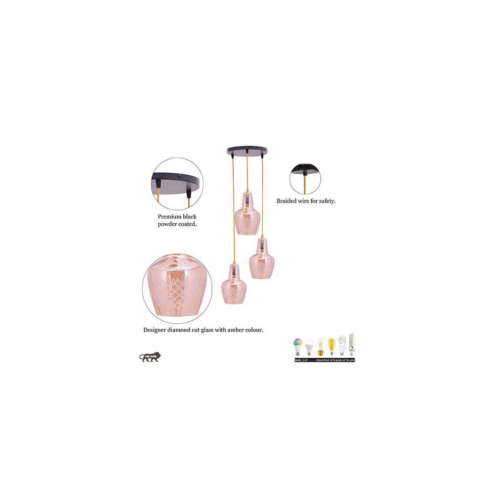Alita 3-light Amber lustere Glass Brass Edge Pendant Cluster