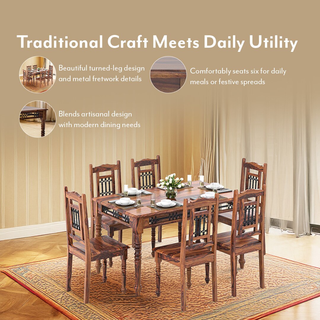 Bunai Solid Wood 6 Seater Dining Table In Teak Finish