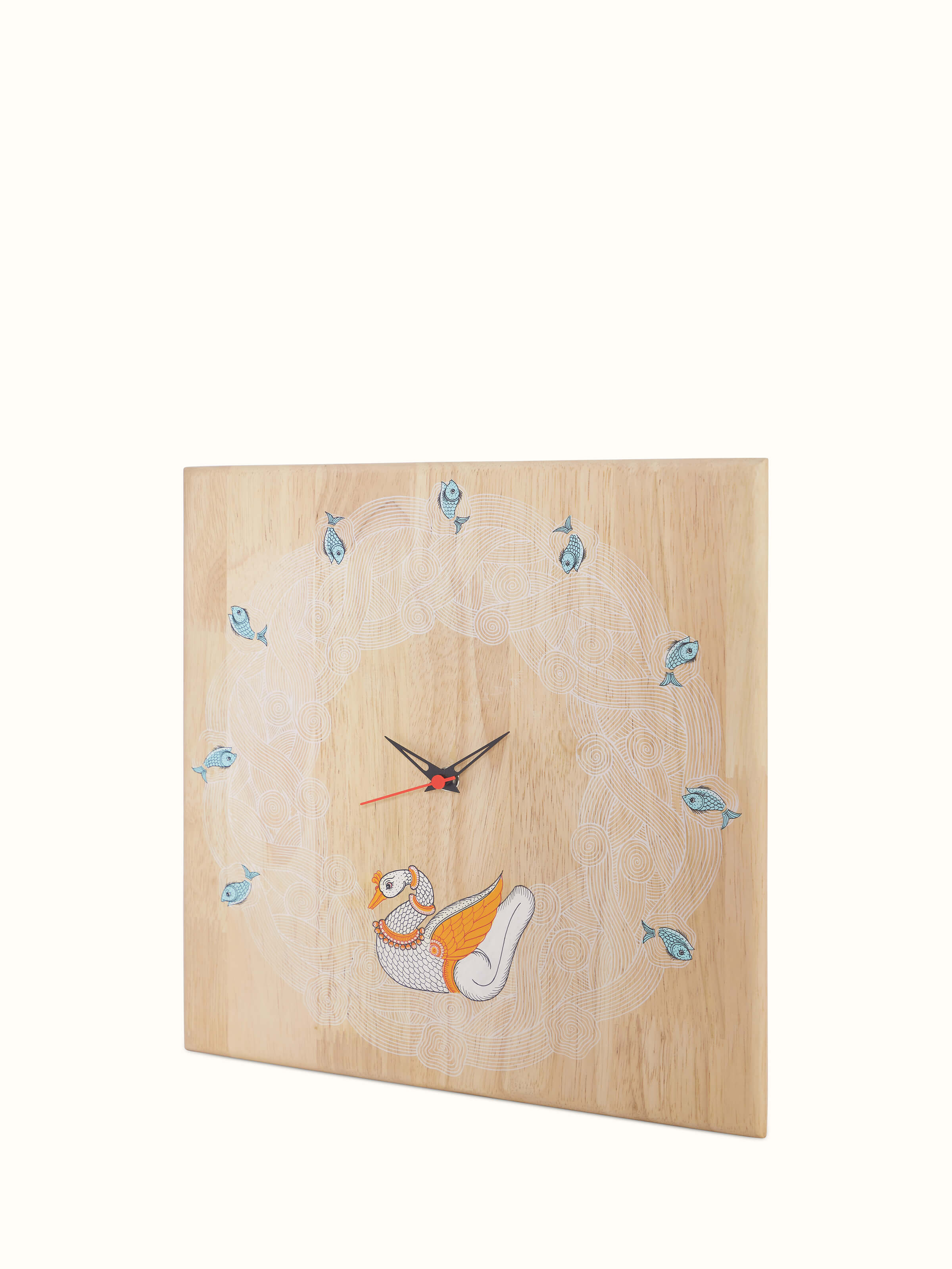Close-up view of Transitional Pattachitra Dancing Swan Wooden Wall Clock focusing on the painted swan and wooden frame.