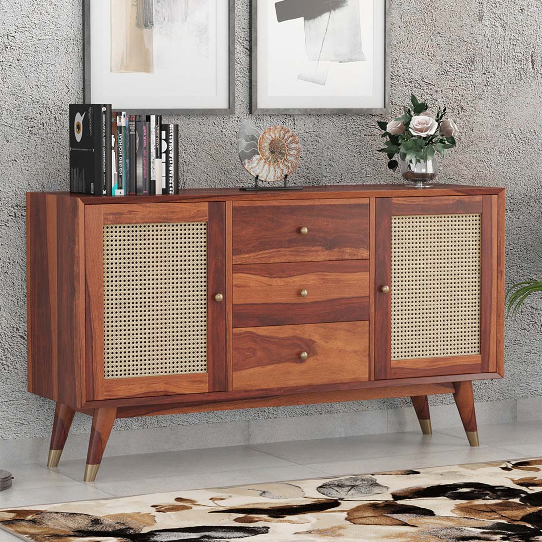 Rattan Sheesham Wood Sideboard In Honey Oak  Finish - Woodenmood