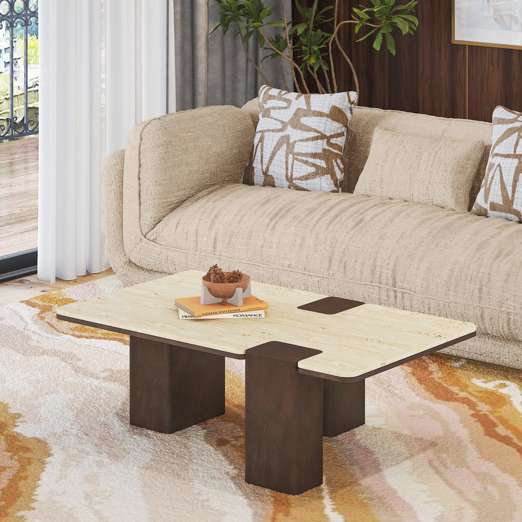 Muro Rectangular Marble Coffee Table In Danish Walnut Finish