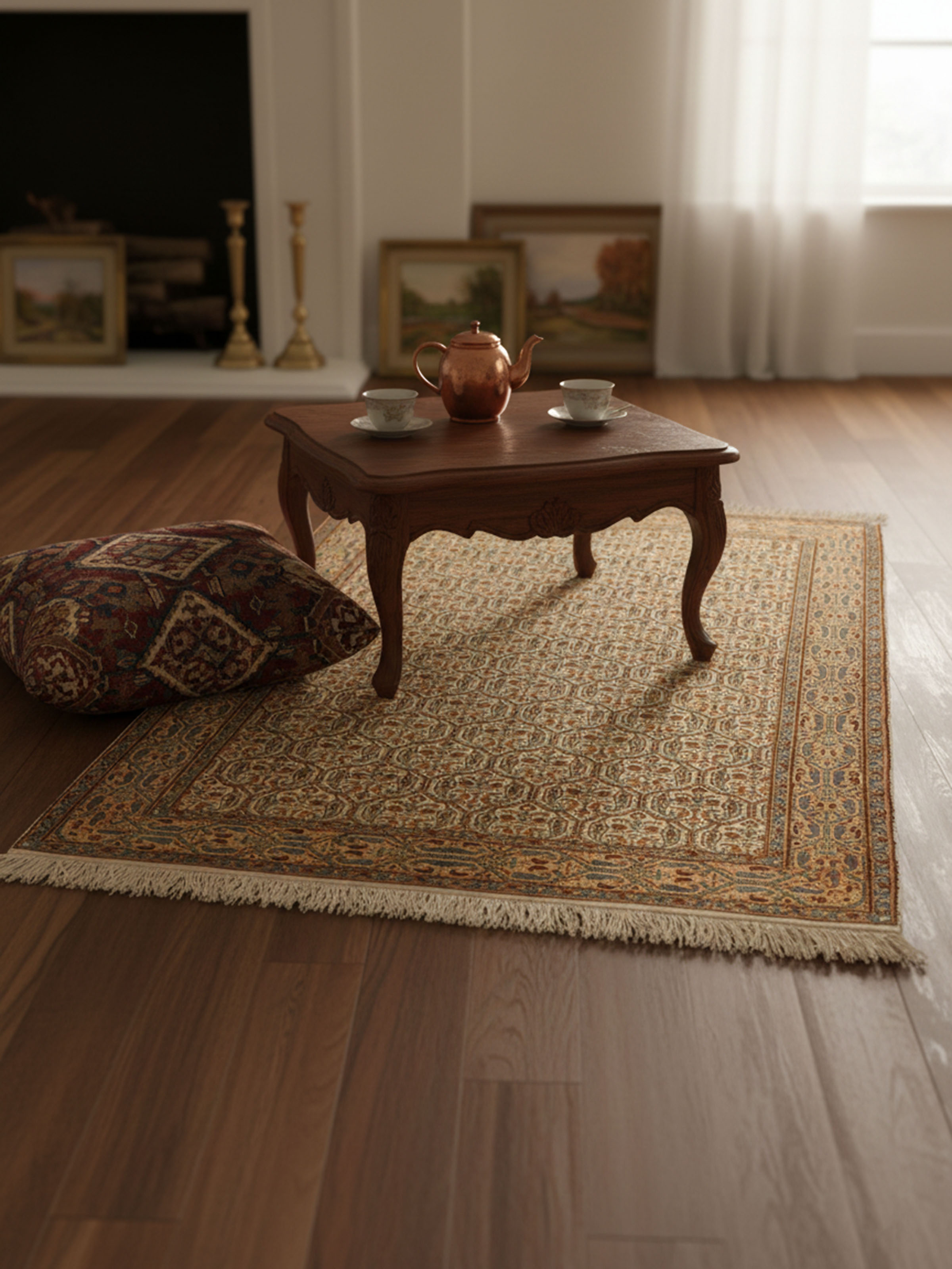 Traditional Persian ivory Senneh Kashmir silk hand-knotted carpet in living room setting – Swadesh