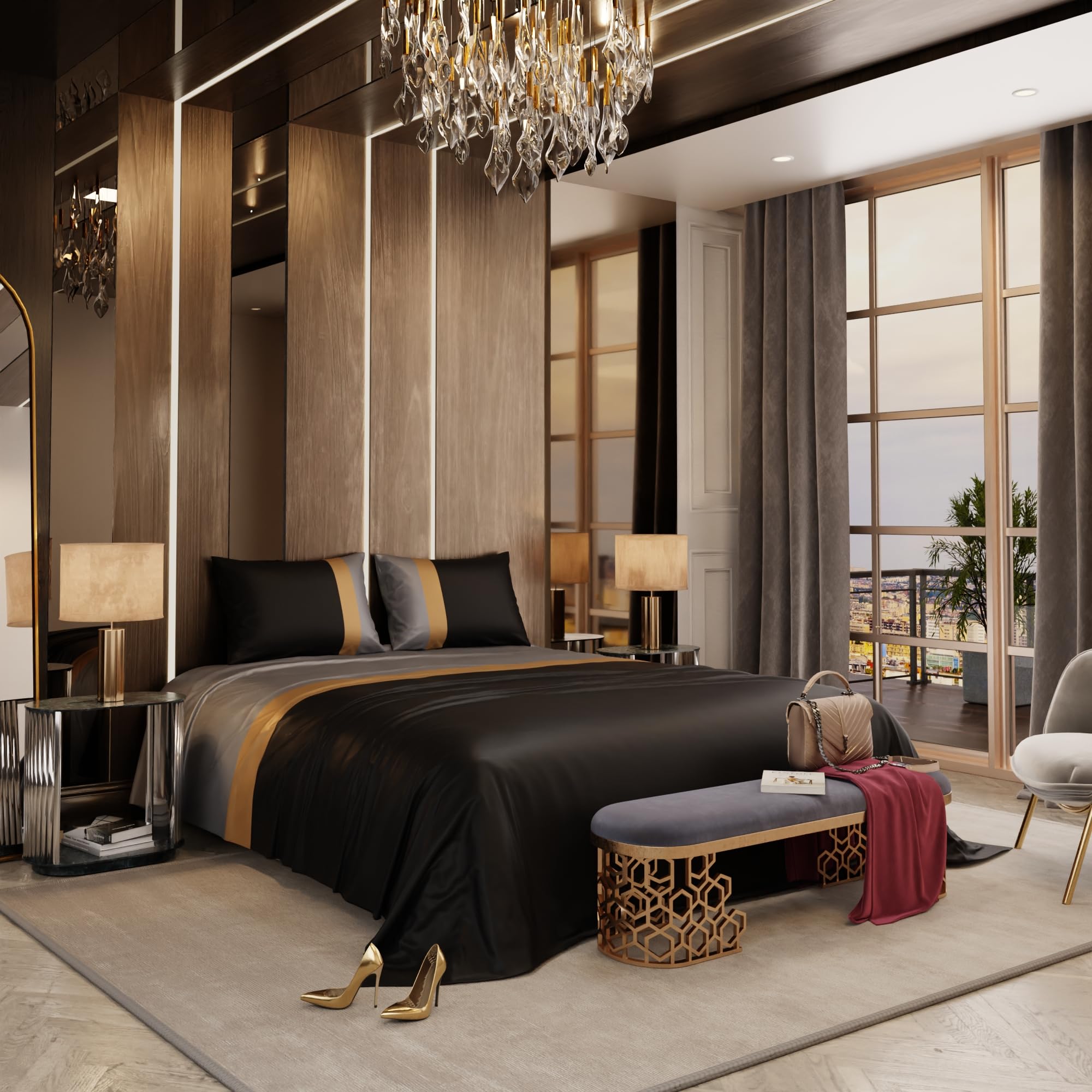 Stoa Paris 300TC UltrSatin King Size Bedsheet with 2 Pillow Covers Satin King Grey, Gold Black - Stoa Paris