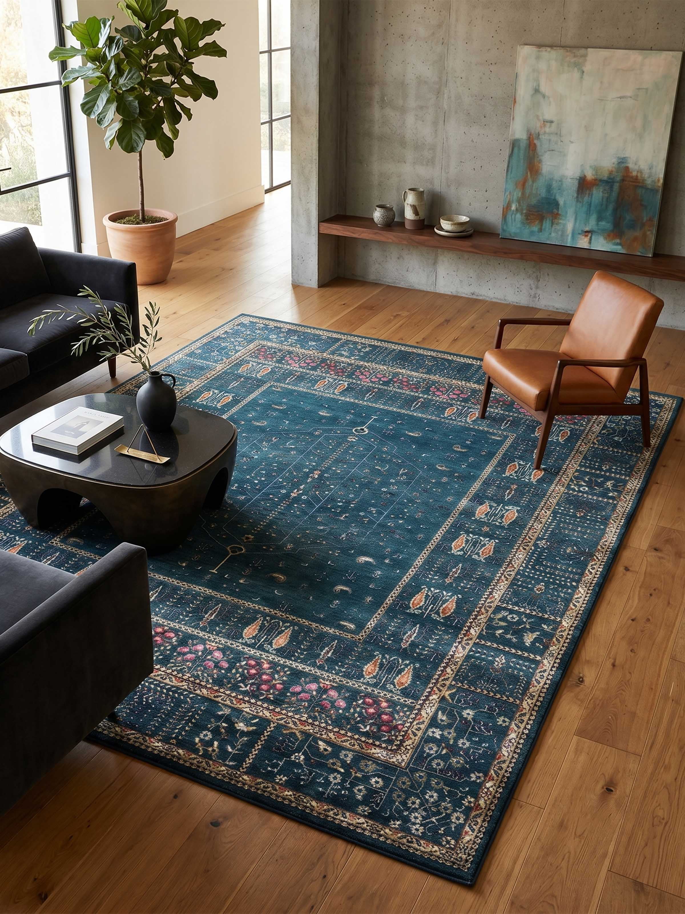 Traditional Persian Blue Rust Tree of Life Bhadohi Wool & Bamboo Silk Hand Knotted Rug