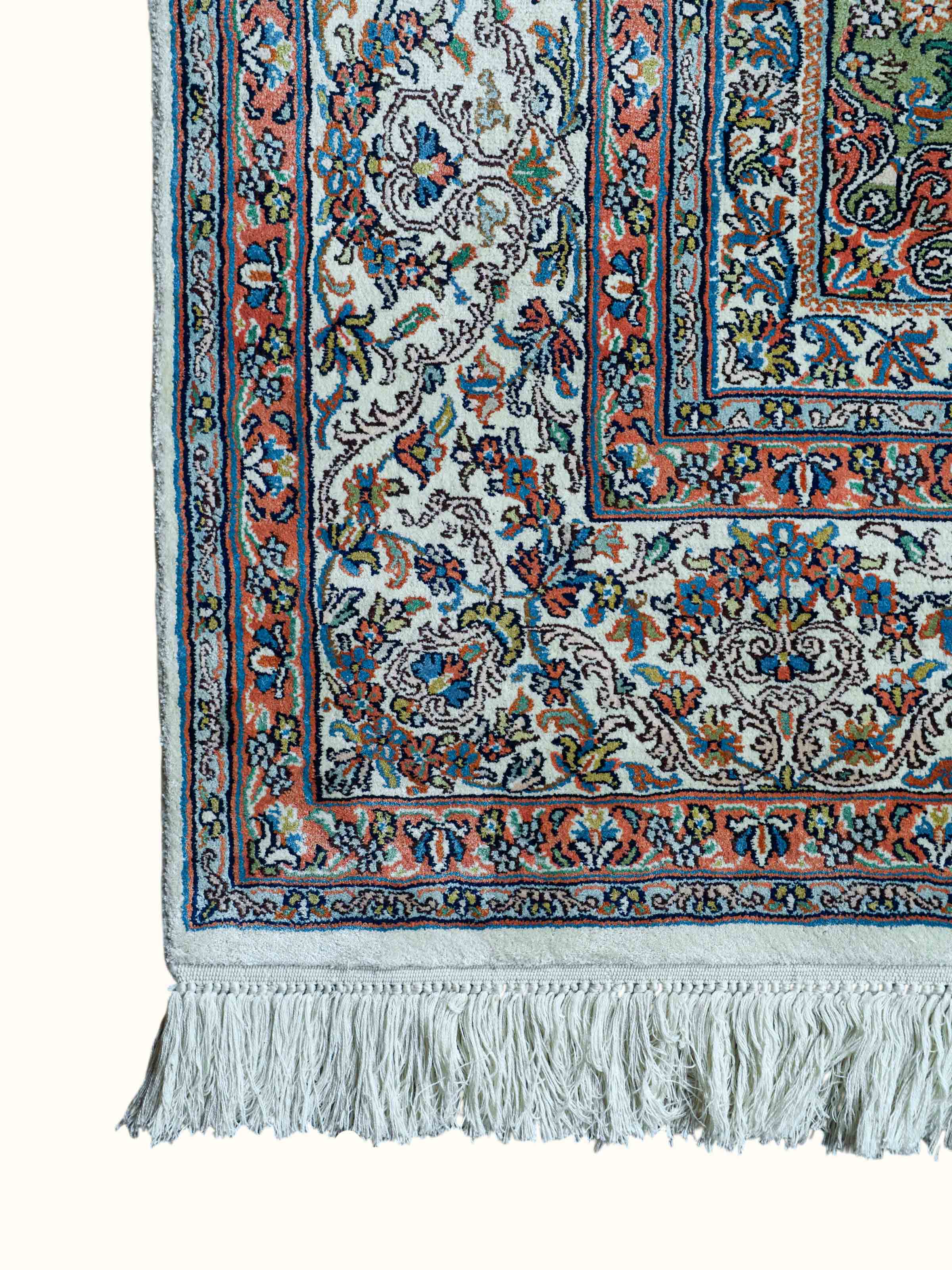Traditional Persian Ivory Green Kerman Kashmir Silk Hand-Knotted Carpet