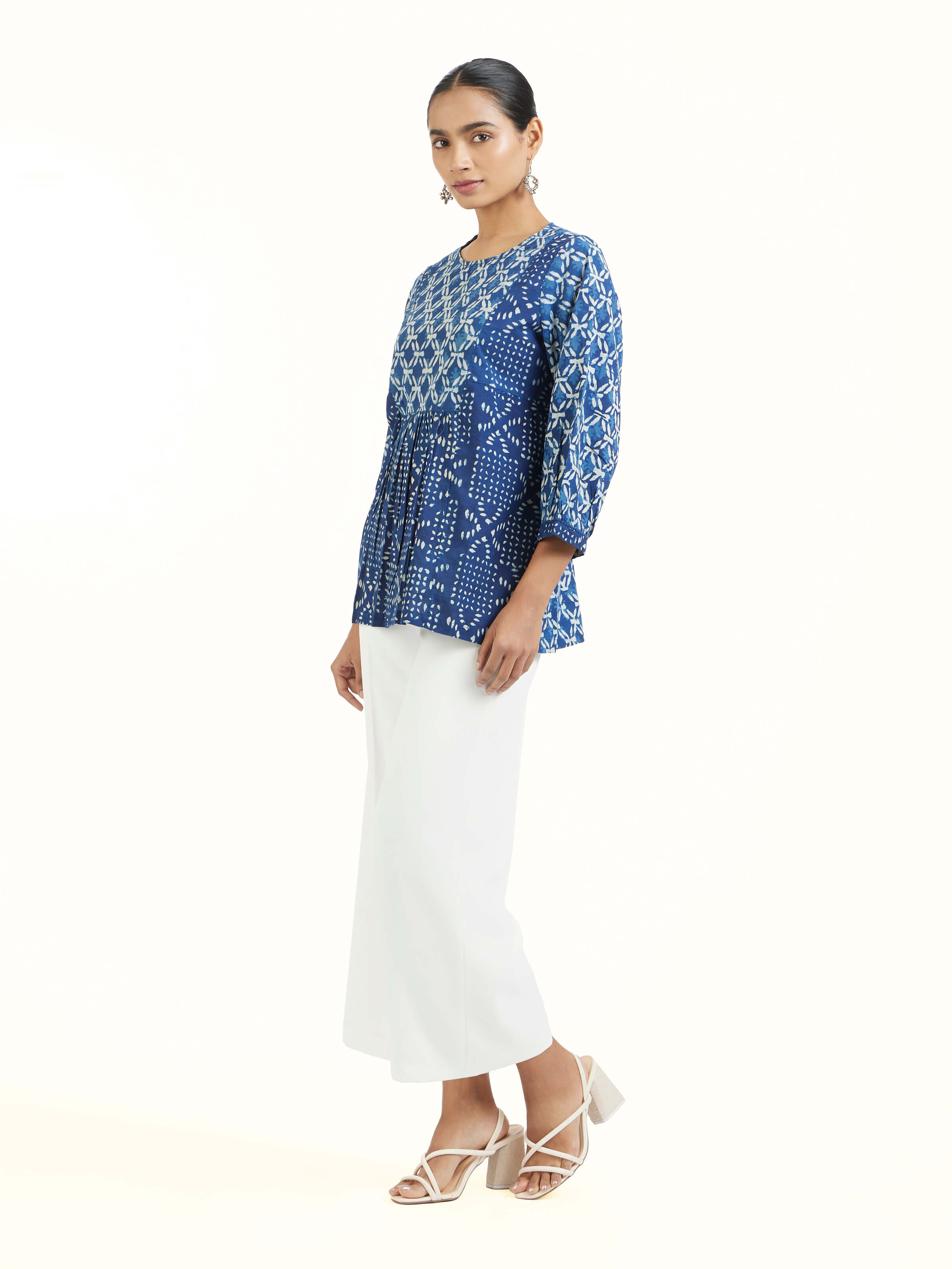 Side view of Sugandhika cotton dabu block printed top showcasing relaxed fit