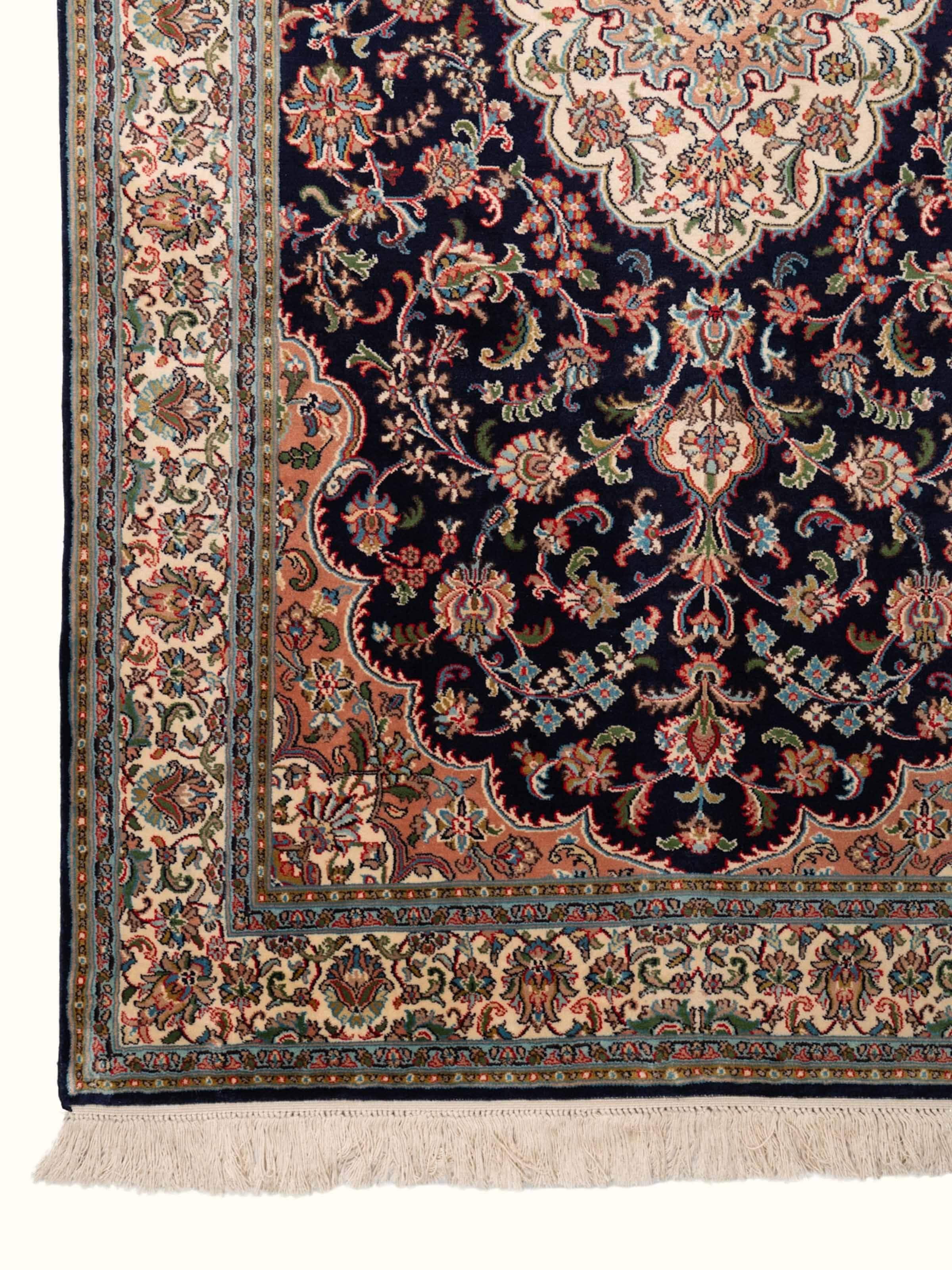 Traditional Persian Navy Blue Kashan Kashmir Silk Hand-Knotted Carpet