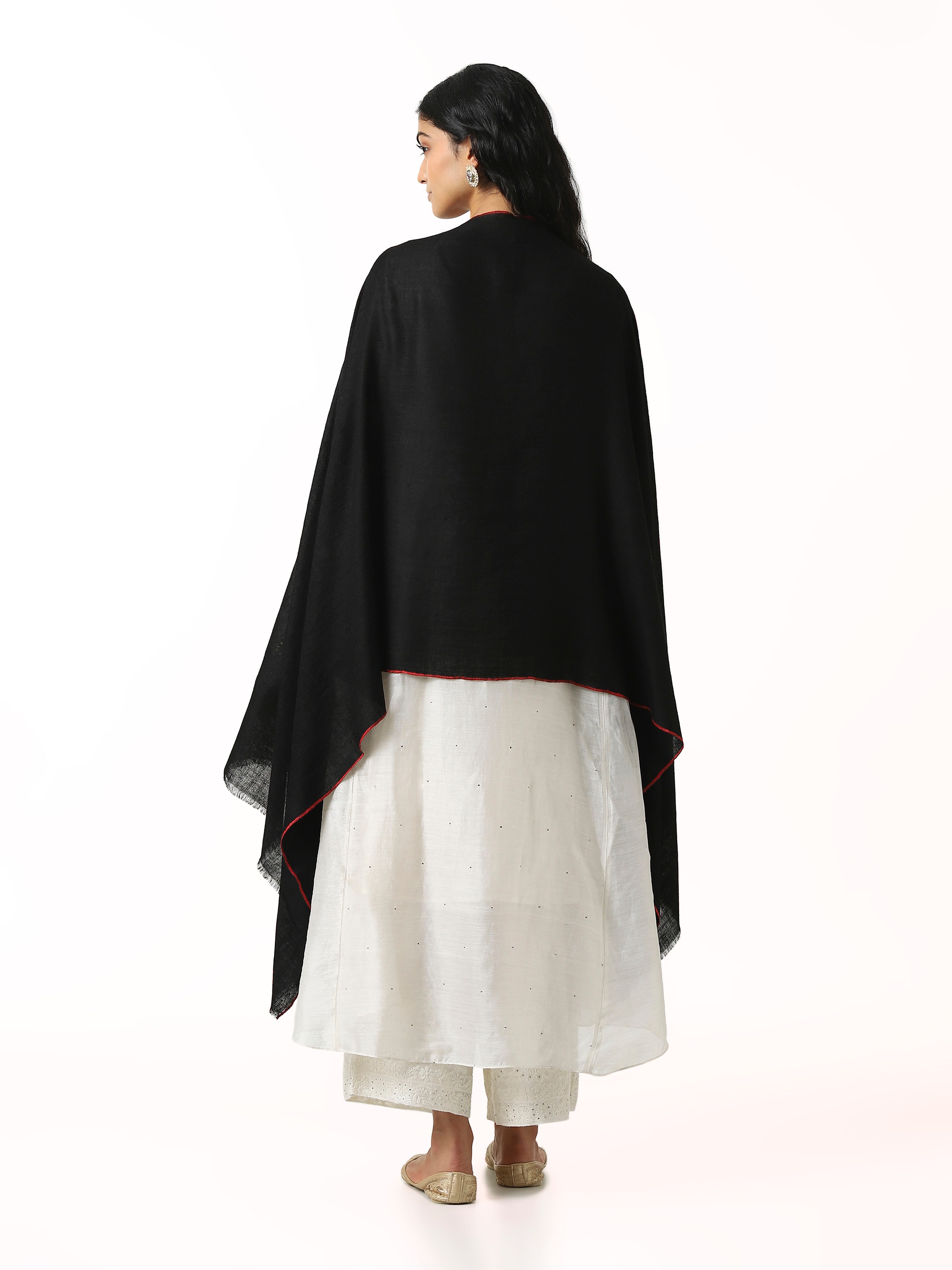 Back view of black cashmere kaaj embroidered handwoven stole displaying full weave