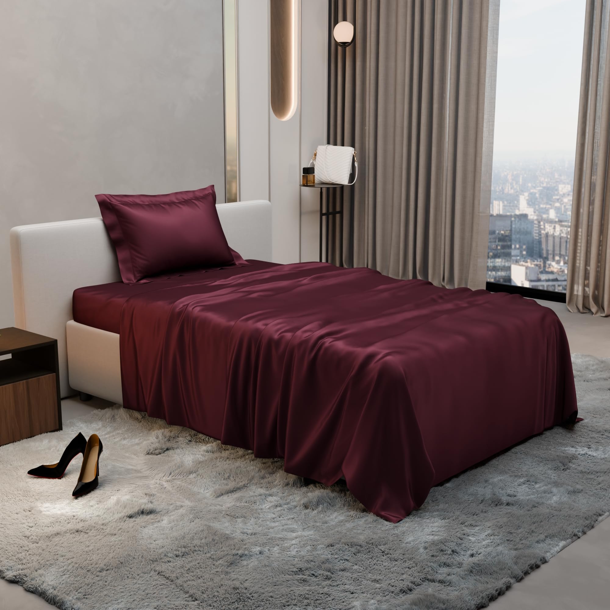 Stoa Paris Single Bedsheet with 1 Pillow Cover sheet with Velvet Wine