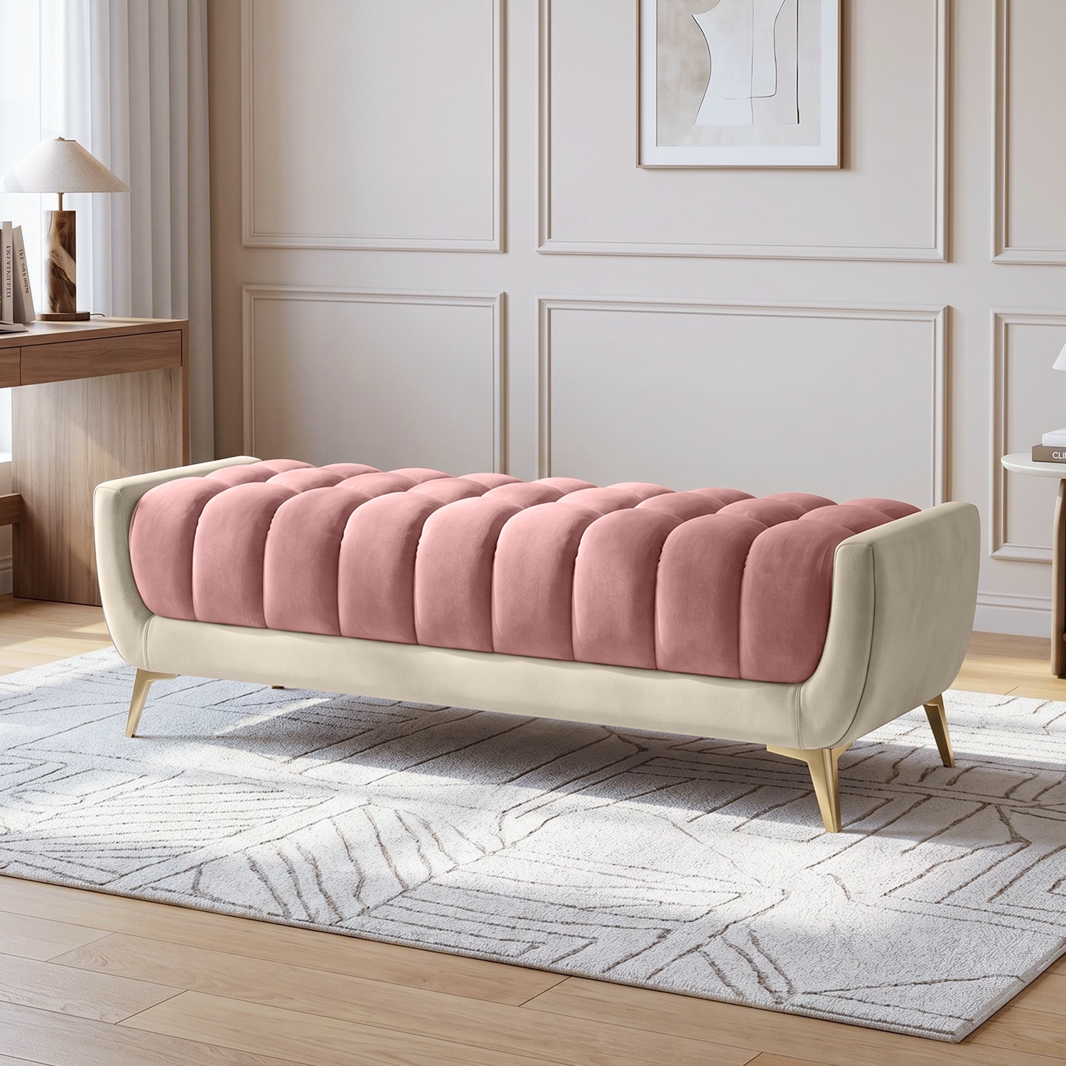Hoslo Velvet 2 Seater Ottoman Bench in Cream & Peach Color - Home Lifestylez