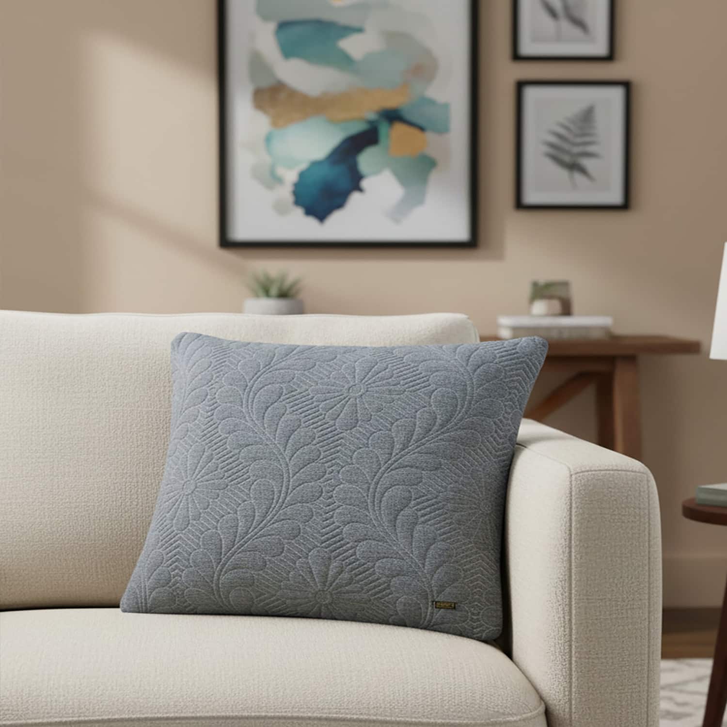 Flora Light Grey  And Vanilla Grey Melange Cushion Cover 18X18 Inches - Pluchi