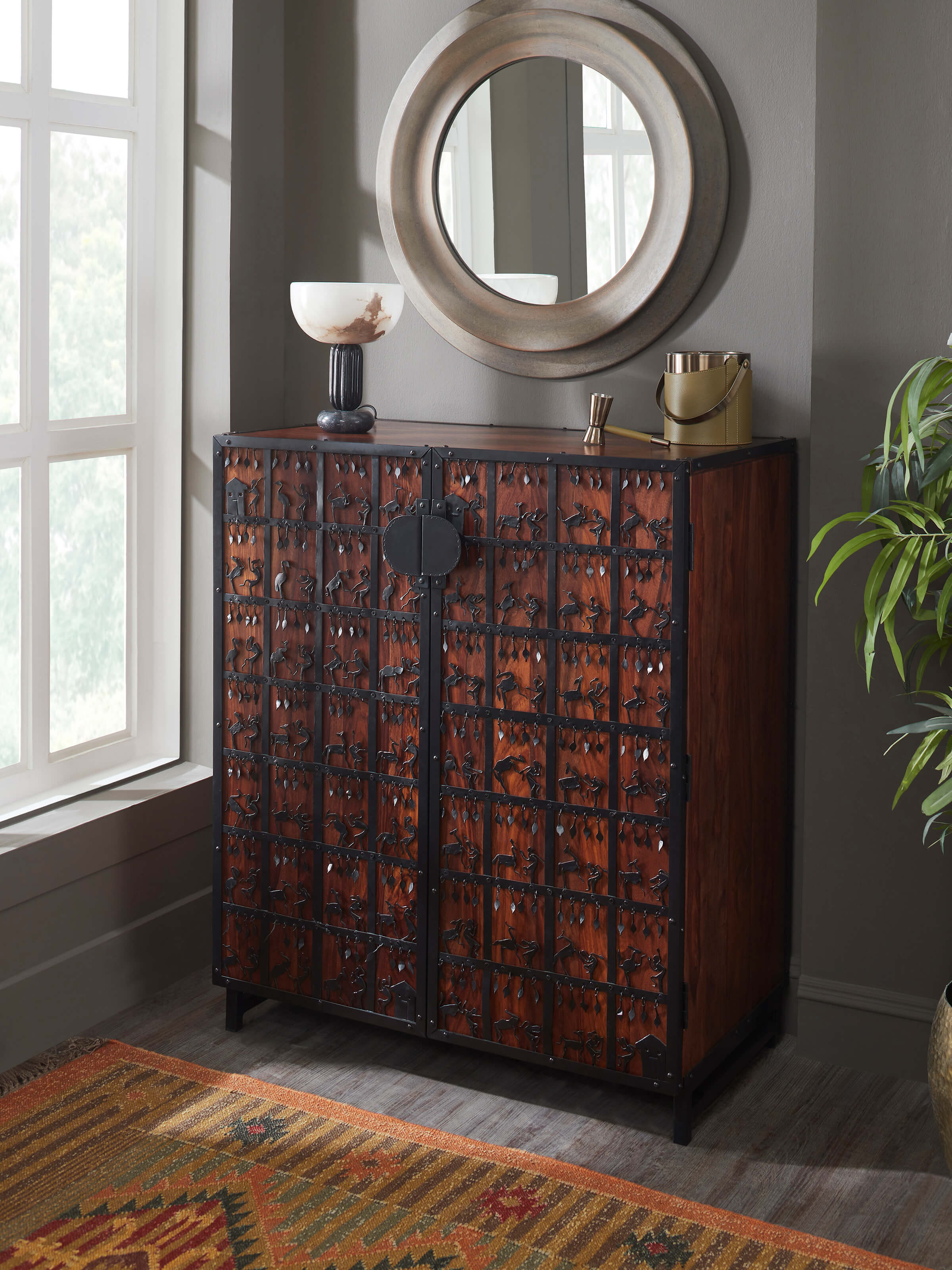 Sheesham Wood & Wrought Iron Bar Cabinet