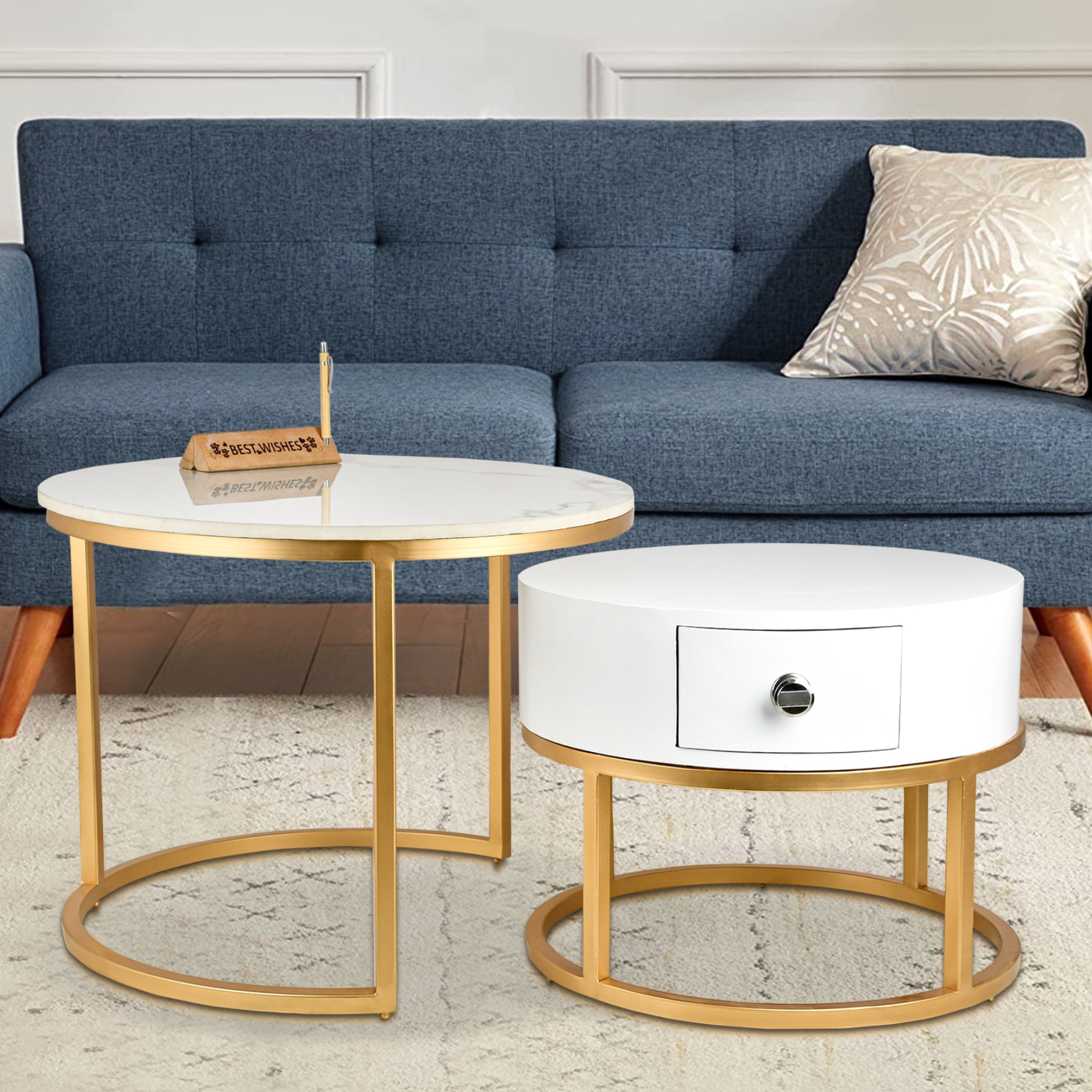 Artus Marble And Wooden Nesting Tables With Storage - Handicrafts Town
