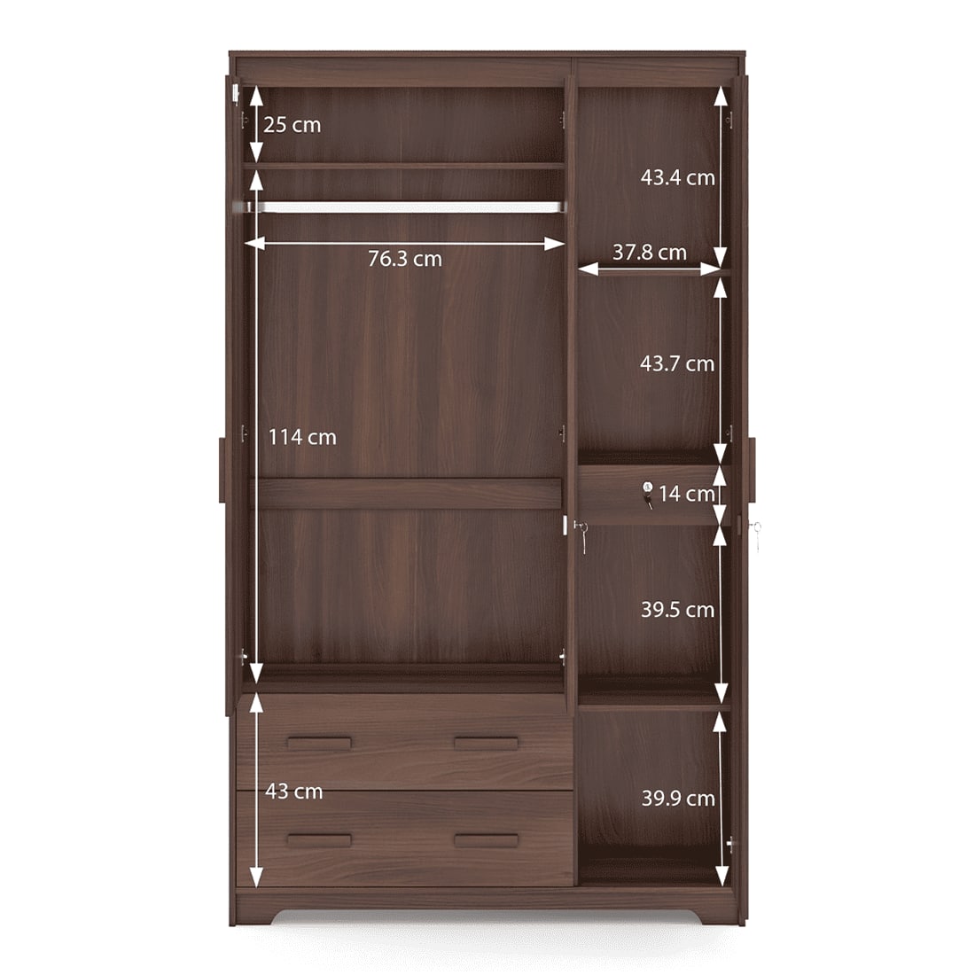 Hilton 3 Door 3 Drawer Wardrobe With Mirror and Lock in Chestnut Acacia Finish