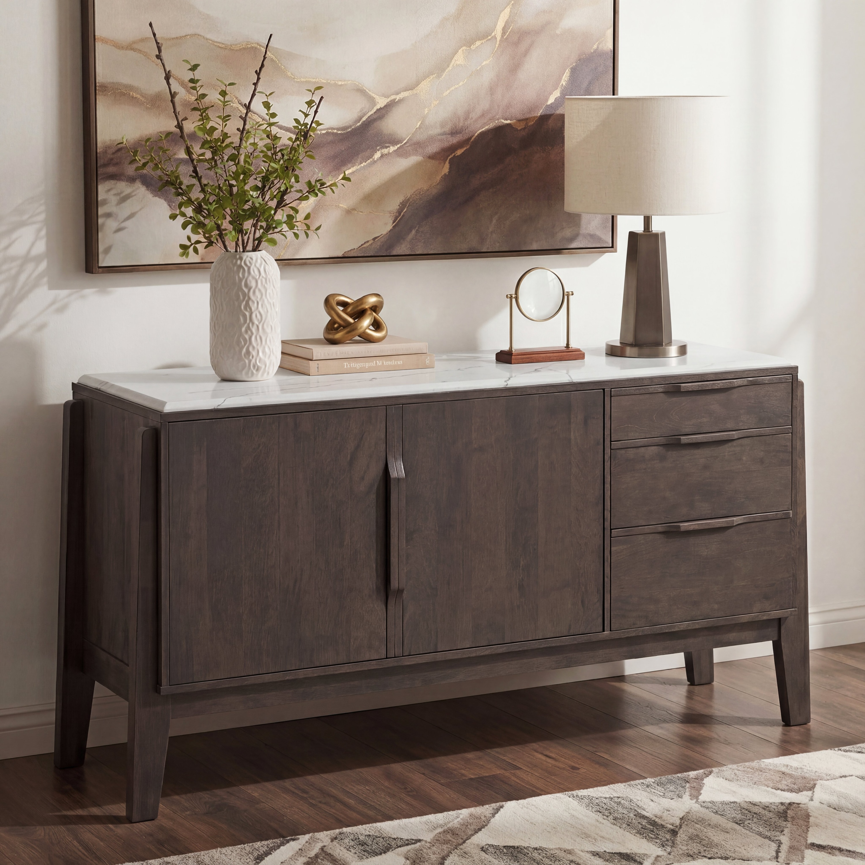 Lunar Solid Wood and Carrara White Marble Sideboard In Danish Walnut Finish - Urban Ladder