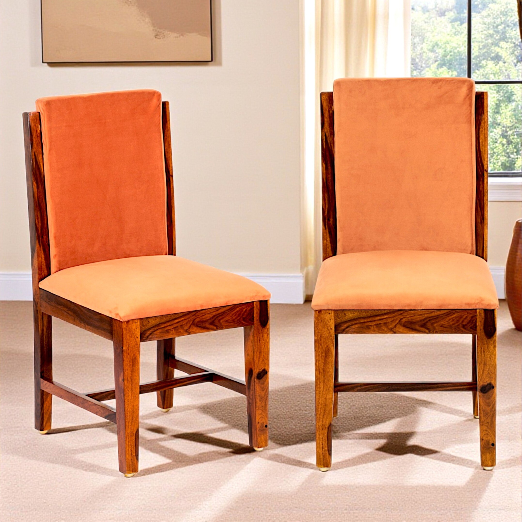 Rosslyn wood Set of 2 Dining Chairs in Pumpkin Orange Velvet Upholstery with PINE FINISH