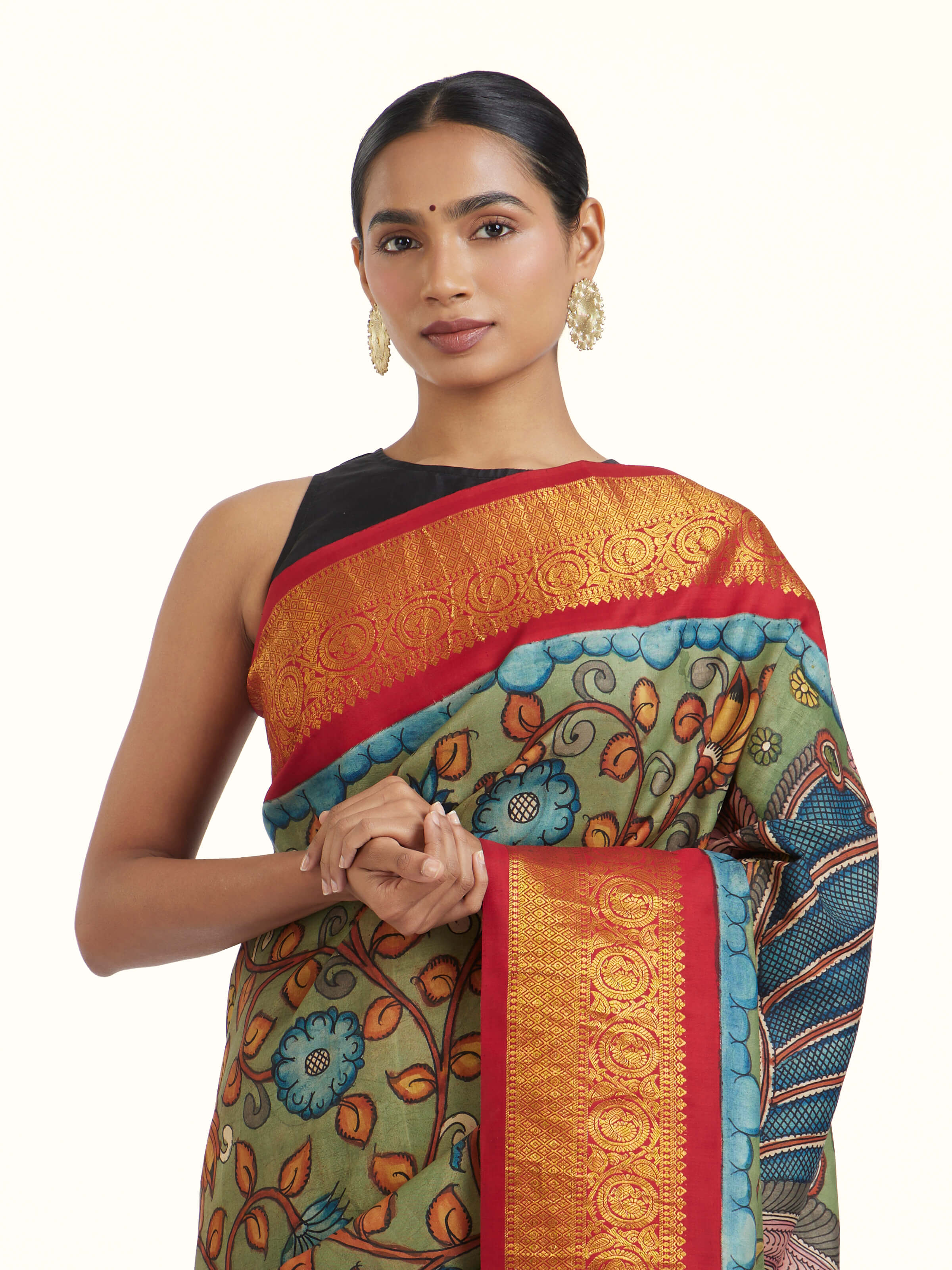 Blue Kalamkari Kancheepuram Silk Saree