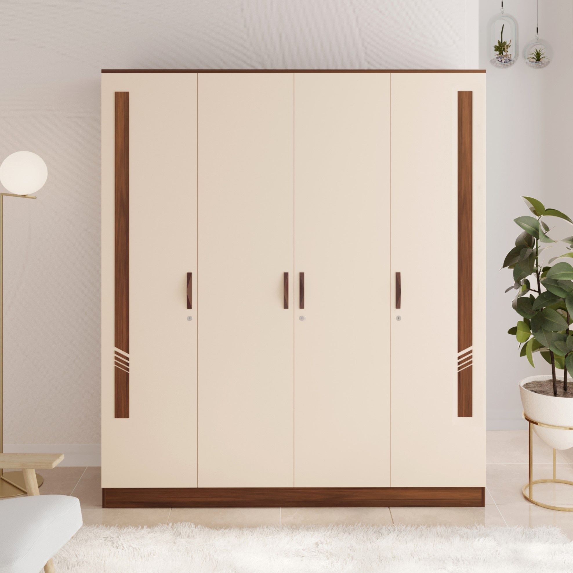 BLUEWUD Andrie Engineered Wood 4 Door Wardrobe/Clothes Storage Rack Organizer Almirah Cupboard with Hanger Rod Drawers and Shelves for Bedroom Home Furniture (Brown Maple & Beige)