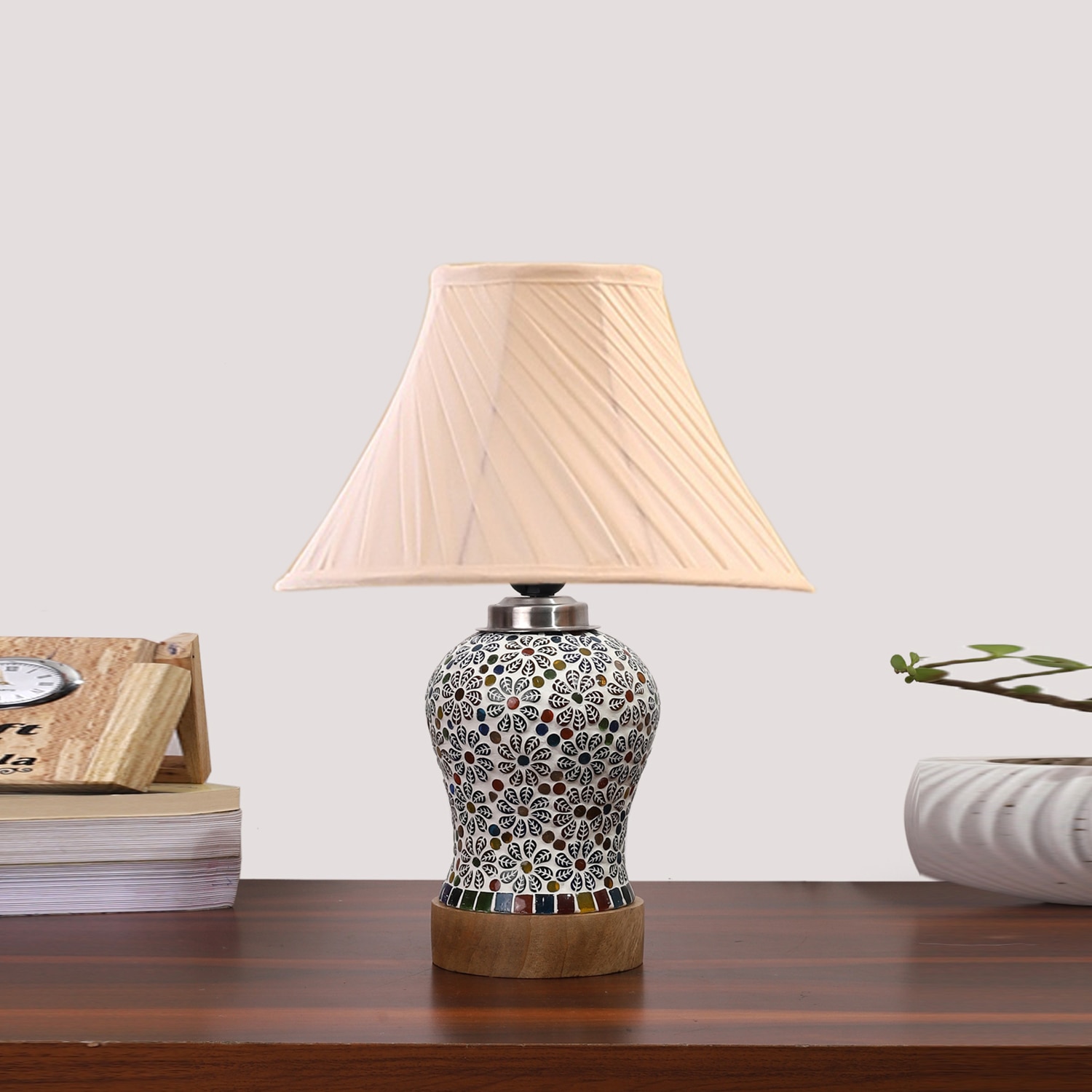 Devansh Off-White Cotton Shade Cross Pleated Lamp With Wood & Mosaic Glass Base For Decoration/Office/Home/Gifting/Study For Decoration/Office/Home/Gifting/Study