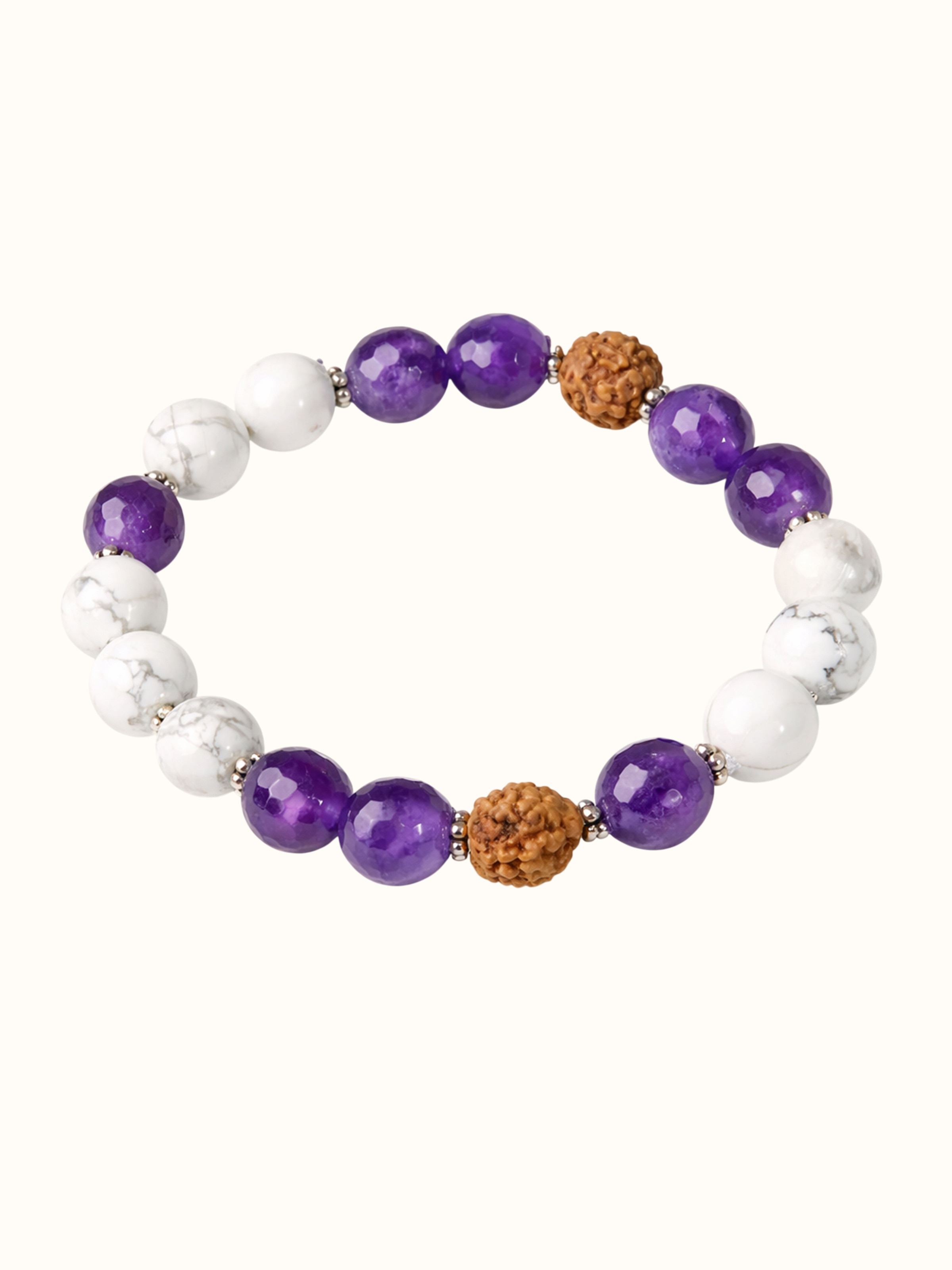 Gemstone Rudraksha, Amethyst & Howlite Silver Bracelet