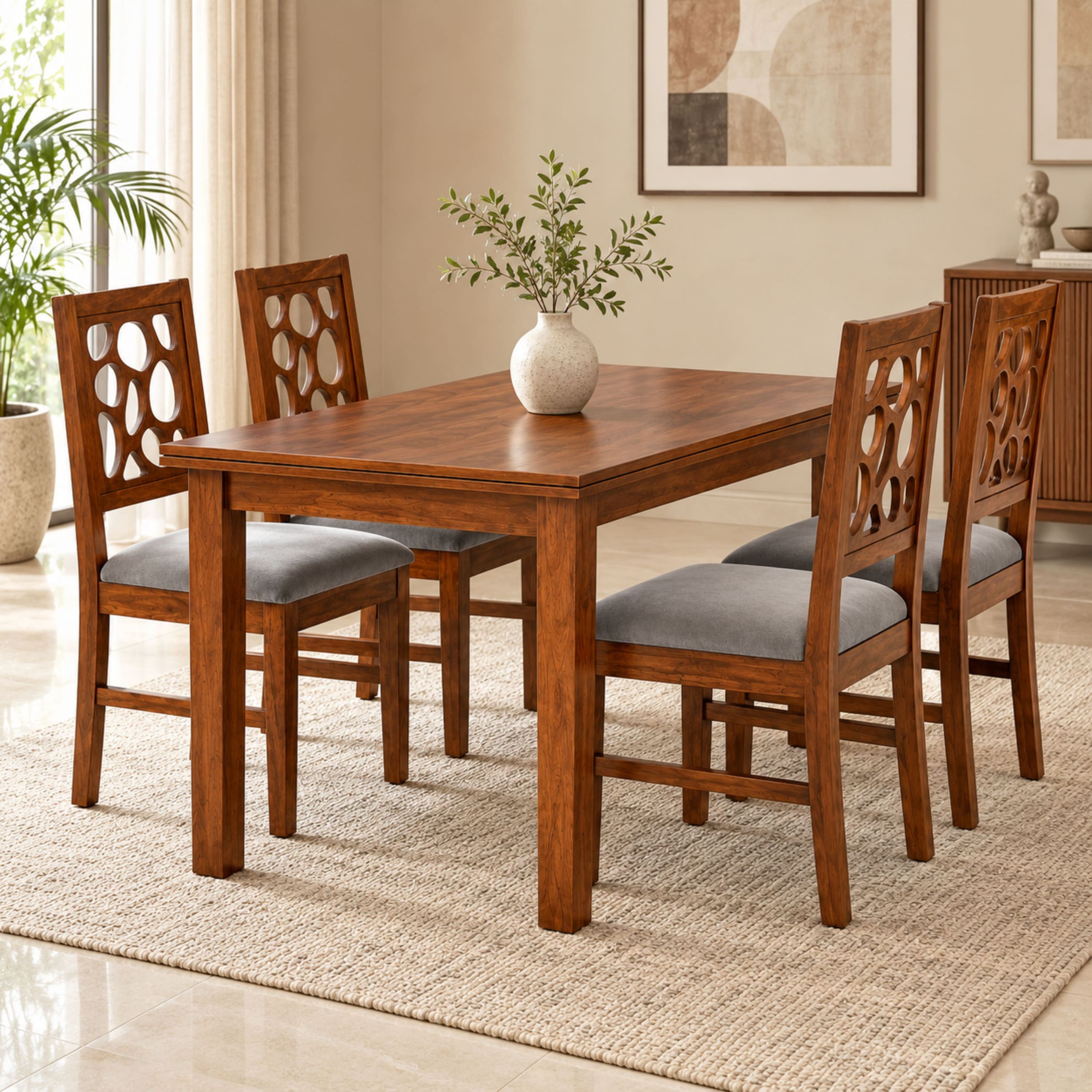 Globally Indian Bindu Solid Sheesham Wood 4 Seater Dining Table Set 4 Chairs Grey