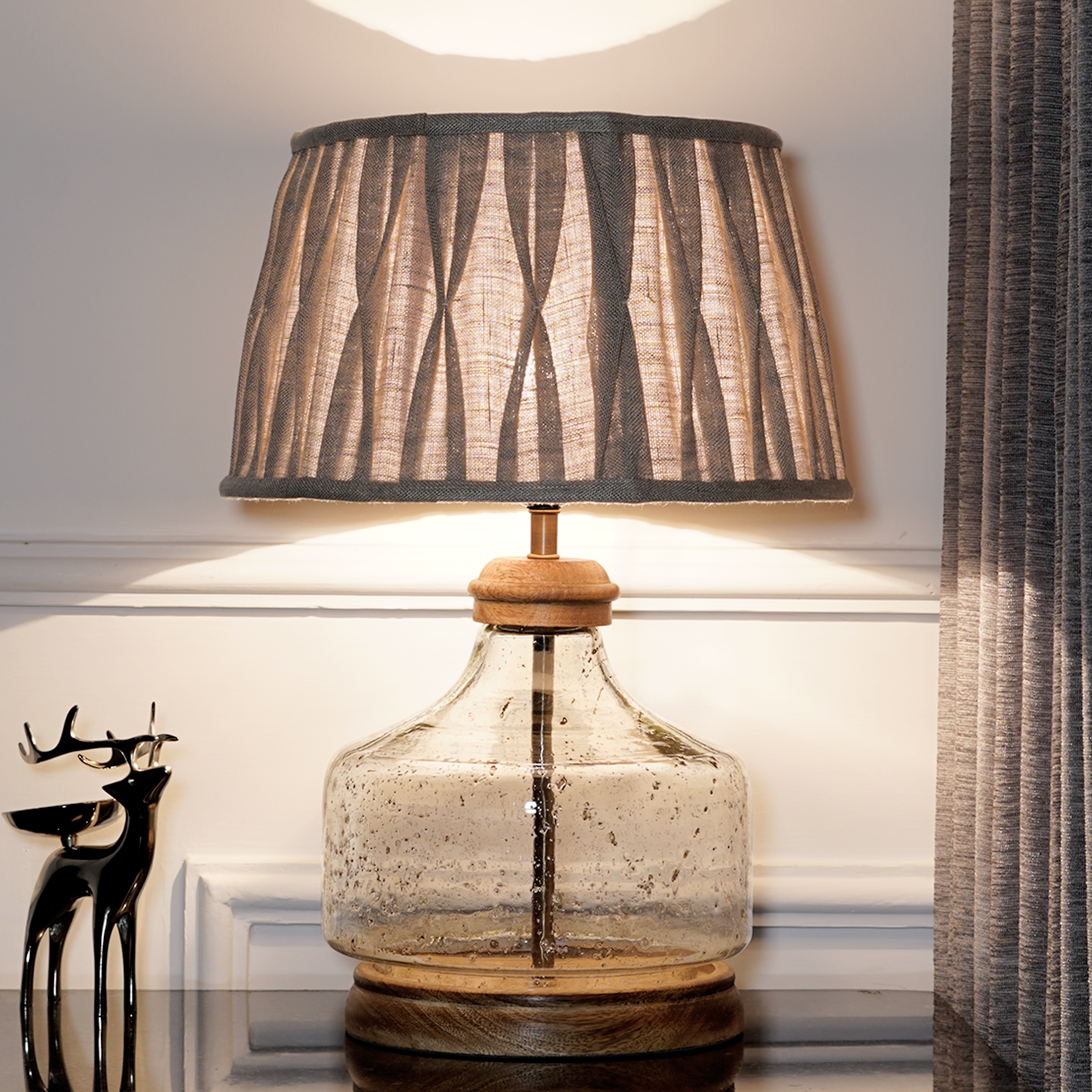 Tuscan Glass and Wood Table Lamp With Natural Linen Shade - Kapoor Lamp Shades