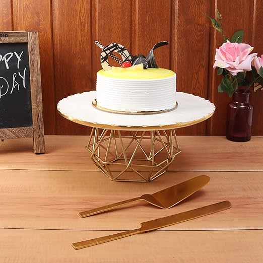 NikkisPride Marble Cake Stand with Gold Finish Metal Base, Plain White Marble Top with Cake Cutlery Set of 3