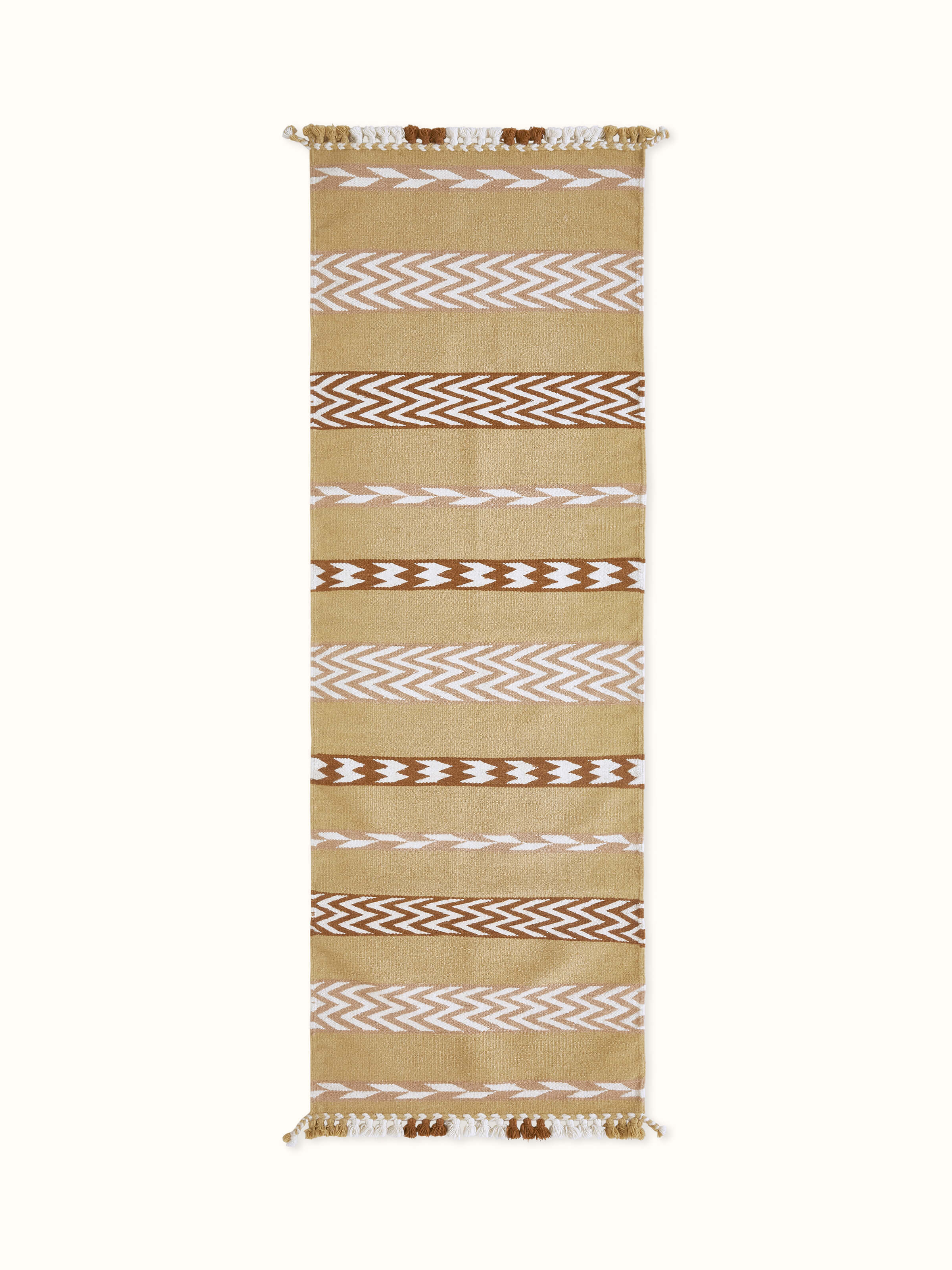 Front view showcasing the bold yellow chevron stripes on the Gujarat wool Kharad runner