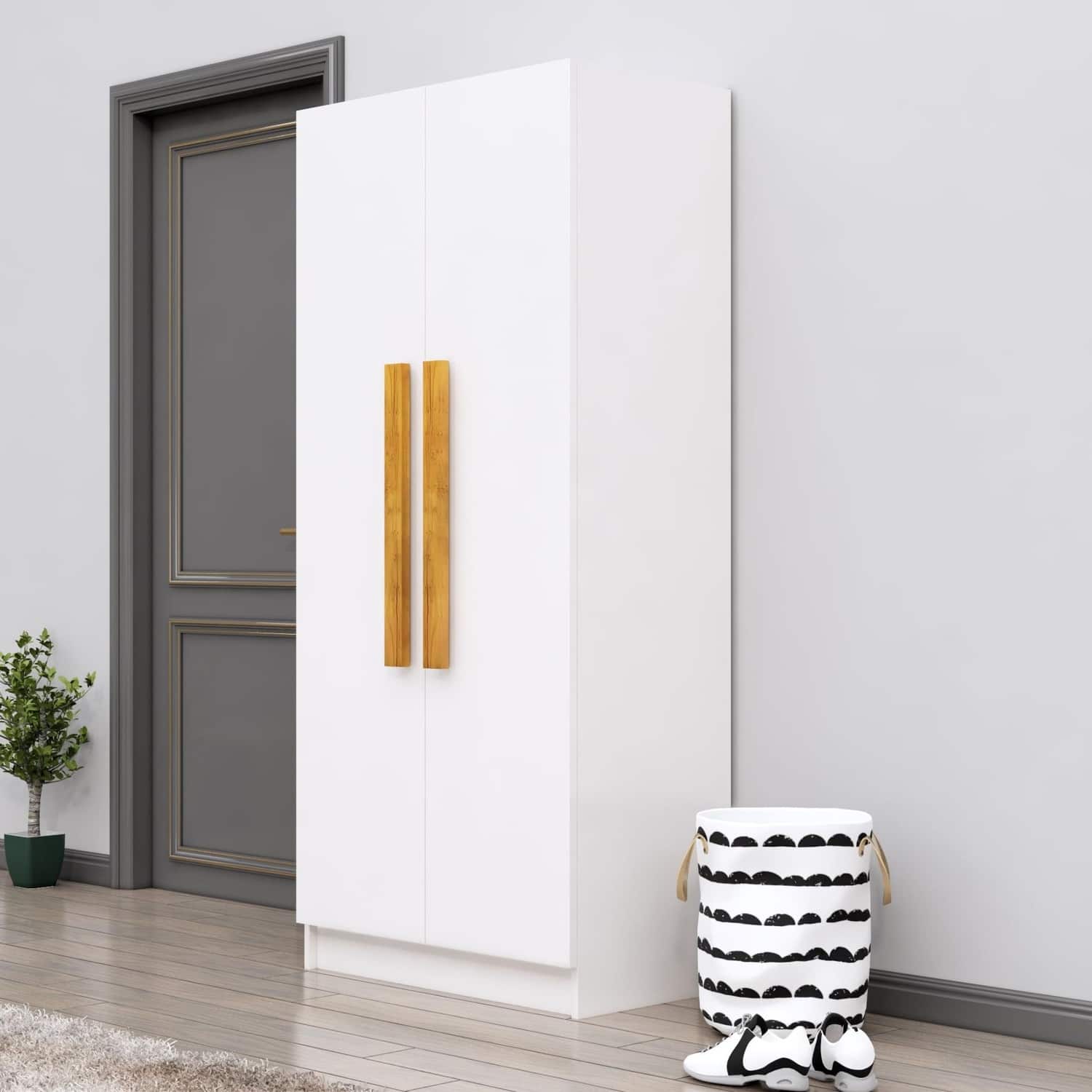 Hexa Red Wooden 2 Door Wardrobe with 4 Shelves in Frosty White Colour - HexaRed