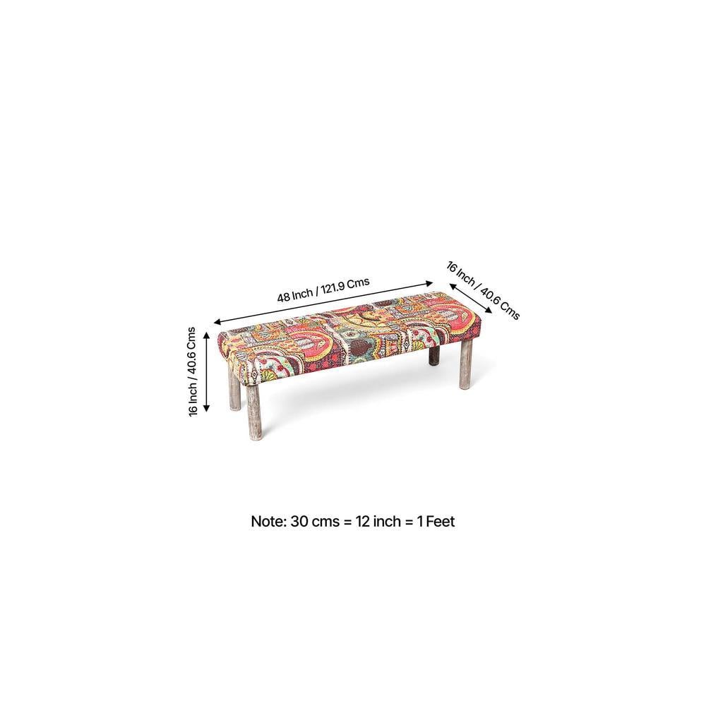 Asteria Solid Wood 2 Seater Bench In Multi Colour Israel Print Kantha Fabric