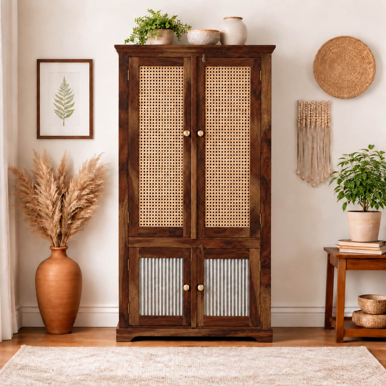 Akira Sheesham Wood Book Case Cum Crockery UnitIn Provincial Teak Finish