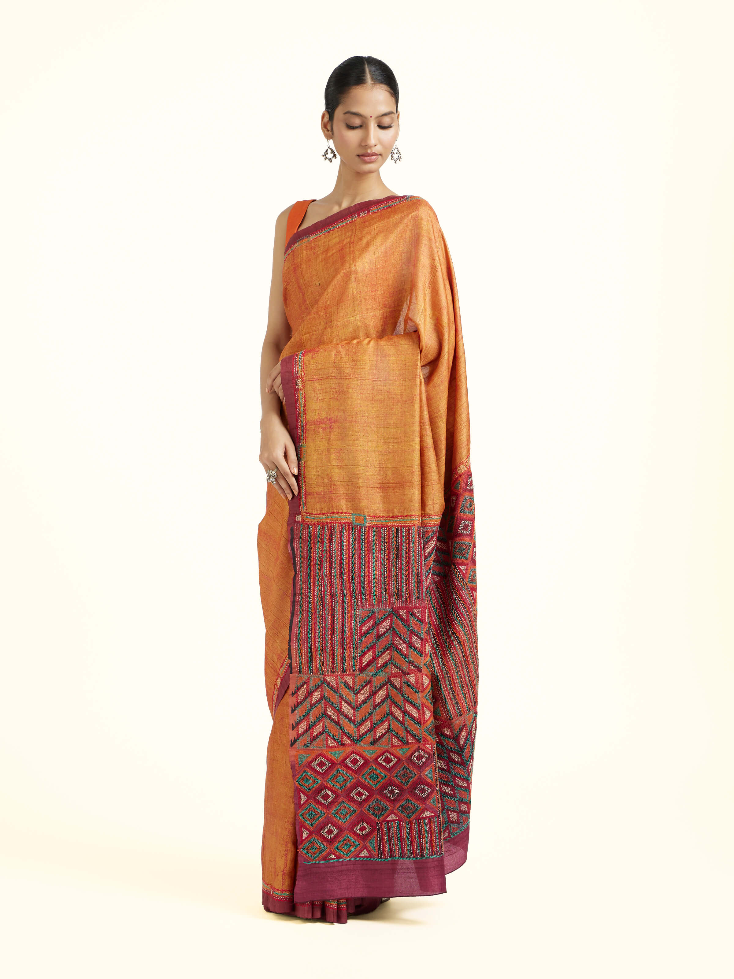 Rustorange Tussar Silk Discharge Block Kantha Embroidered Saree